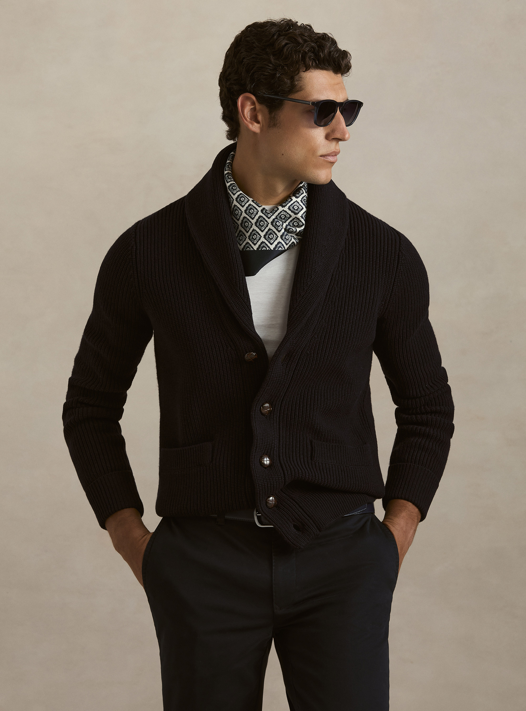 Merino wool shawl collar cardigan, NAVY BLUE
