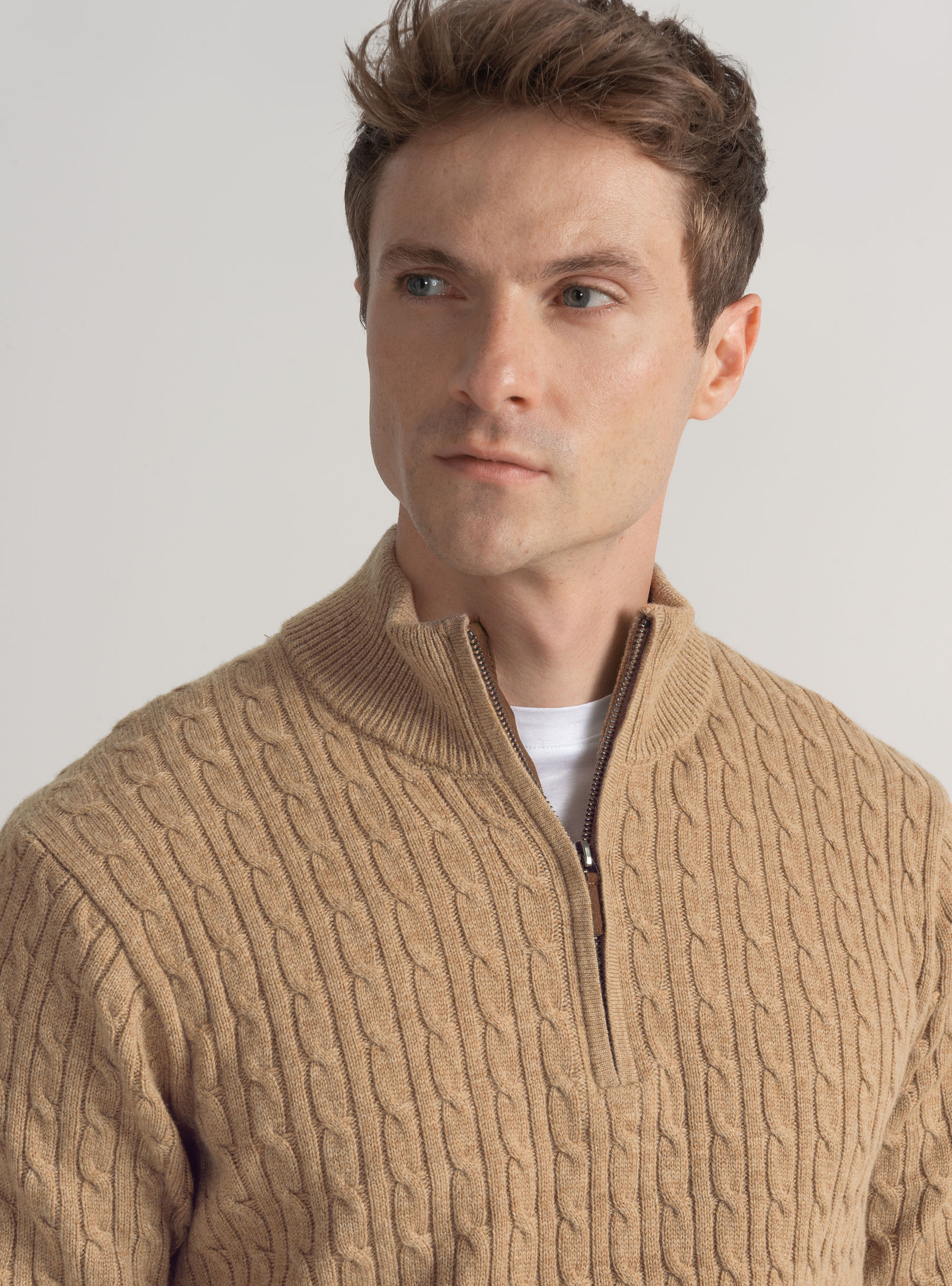 Maglia con collo mock e treccia in misto lana, CAMMELLO 0570C