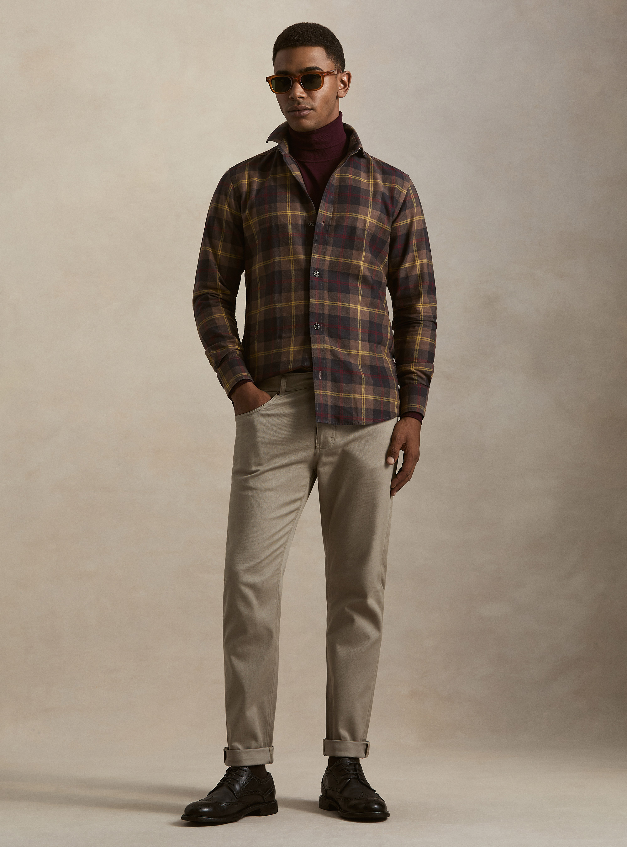 Relaxed-fit checked cotton-blend shirt, BROWN