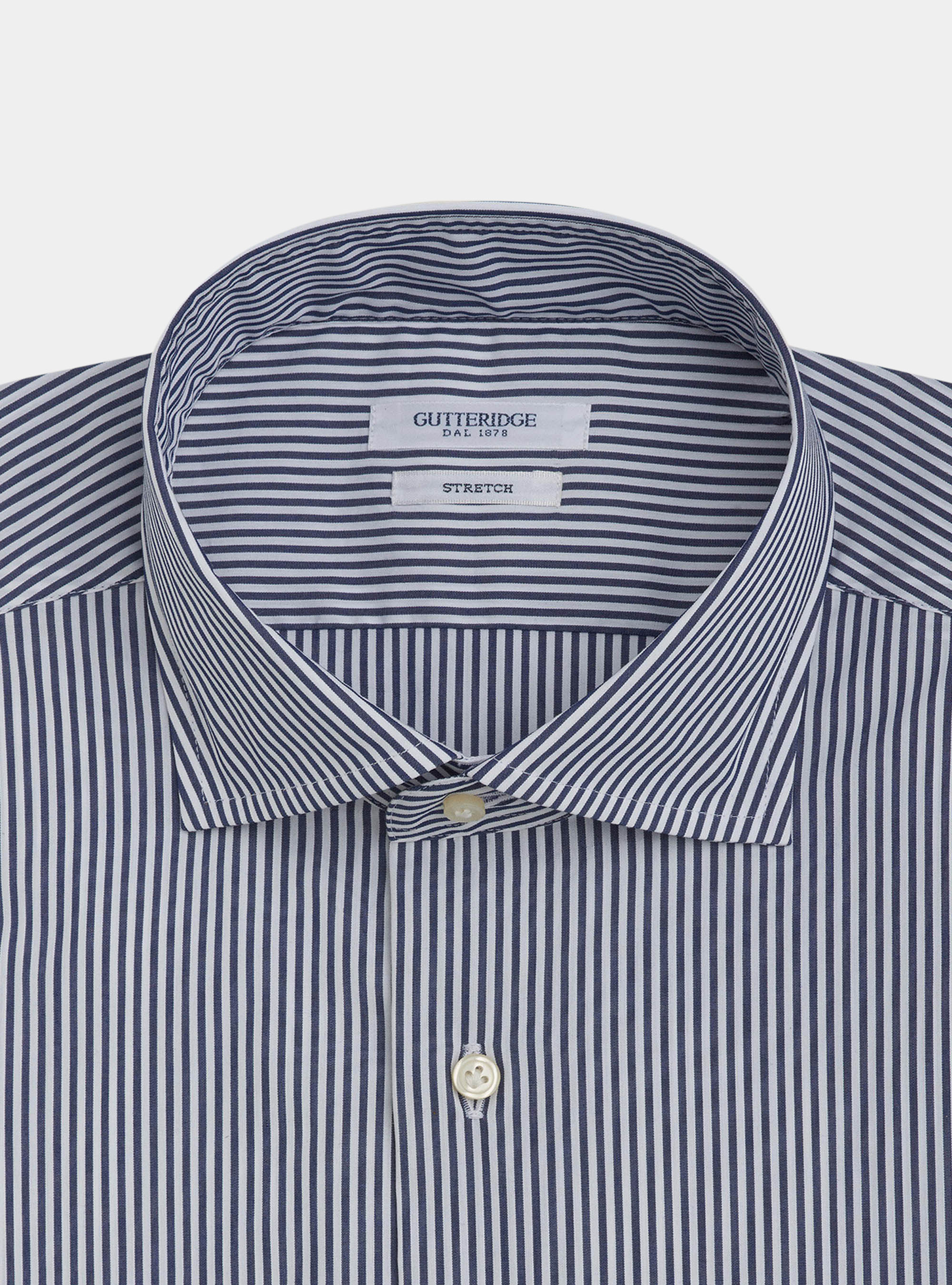 Camicia collo francese semiaperto in popeline di cotone stretch rigato, BLU NAVY