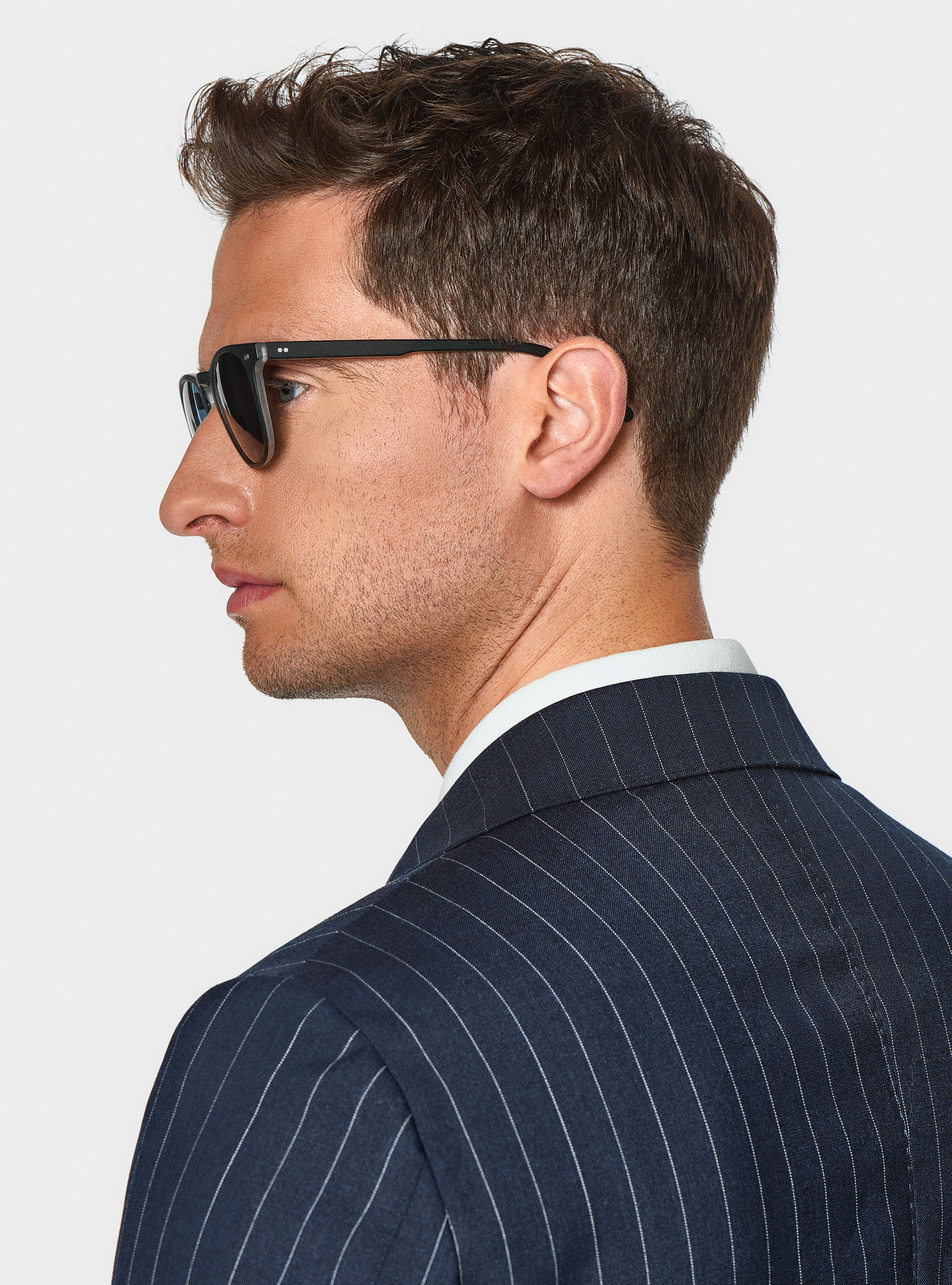 Pure wool pinstripe double-breasted suit blazer, NAVY BLUE