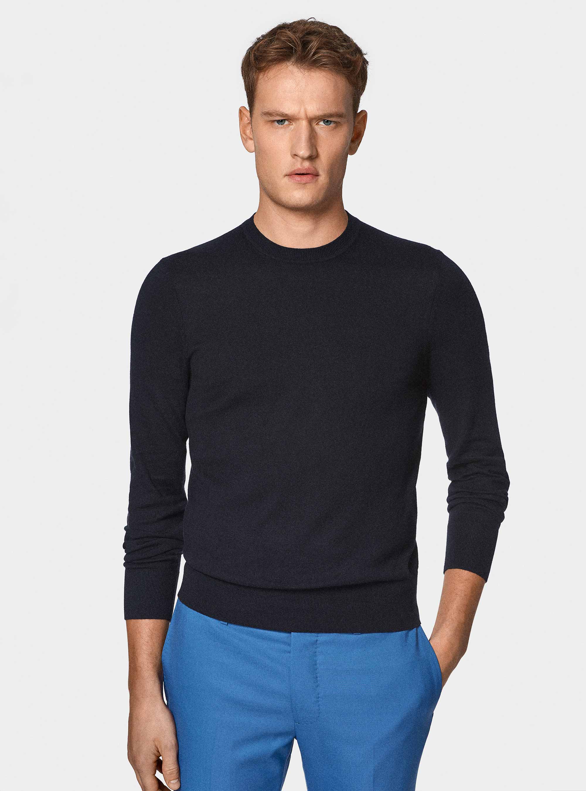 Round-neck sweater in cotton silk and cashmere, NAVY BLUE