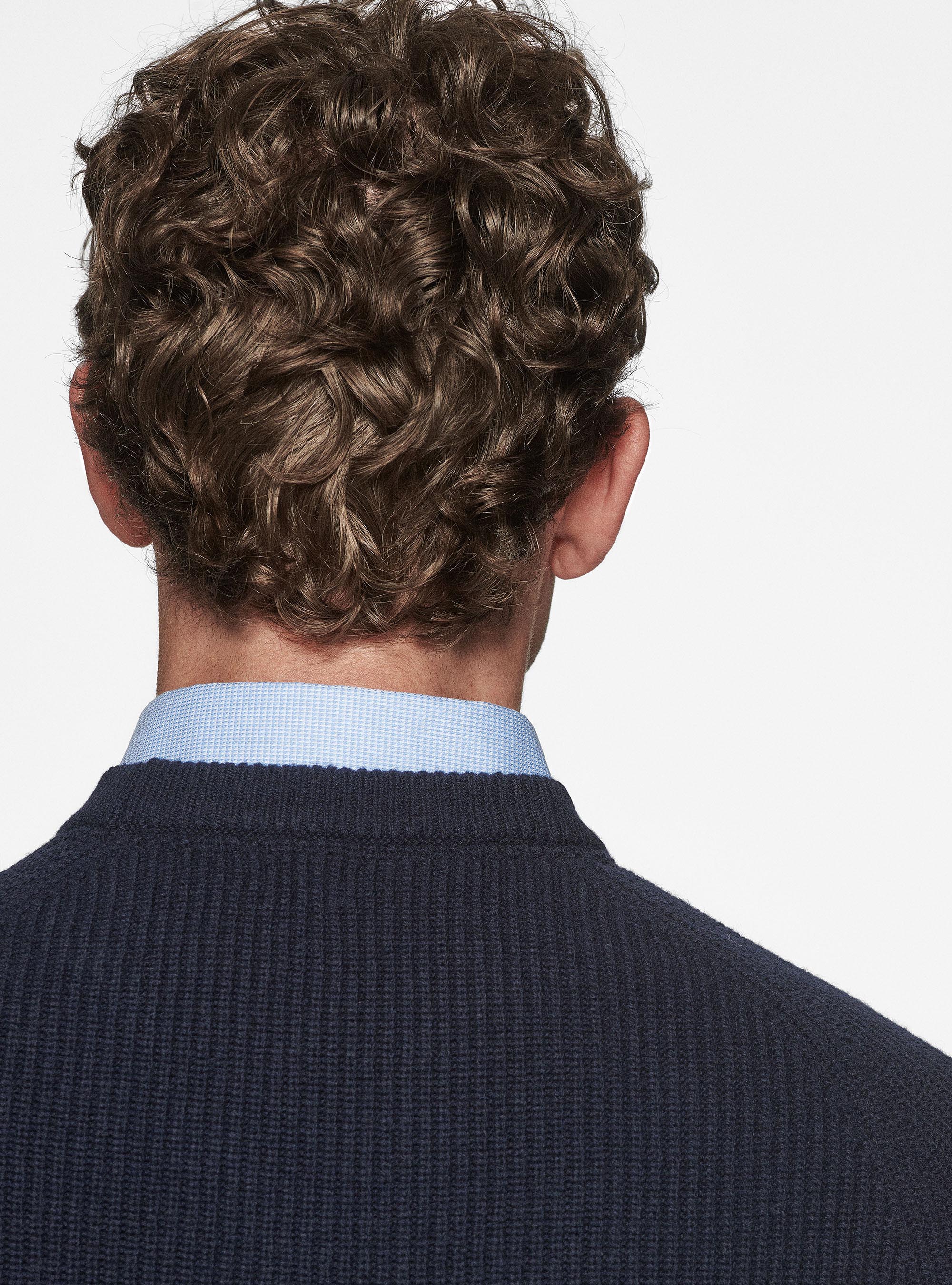 Maglia girocollo in lana merino costa perlata, BLU NAVY