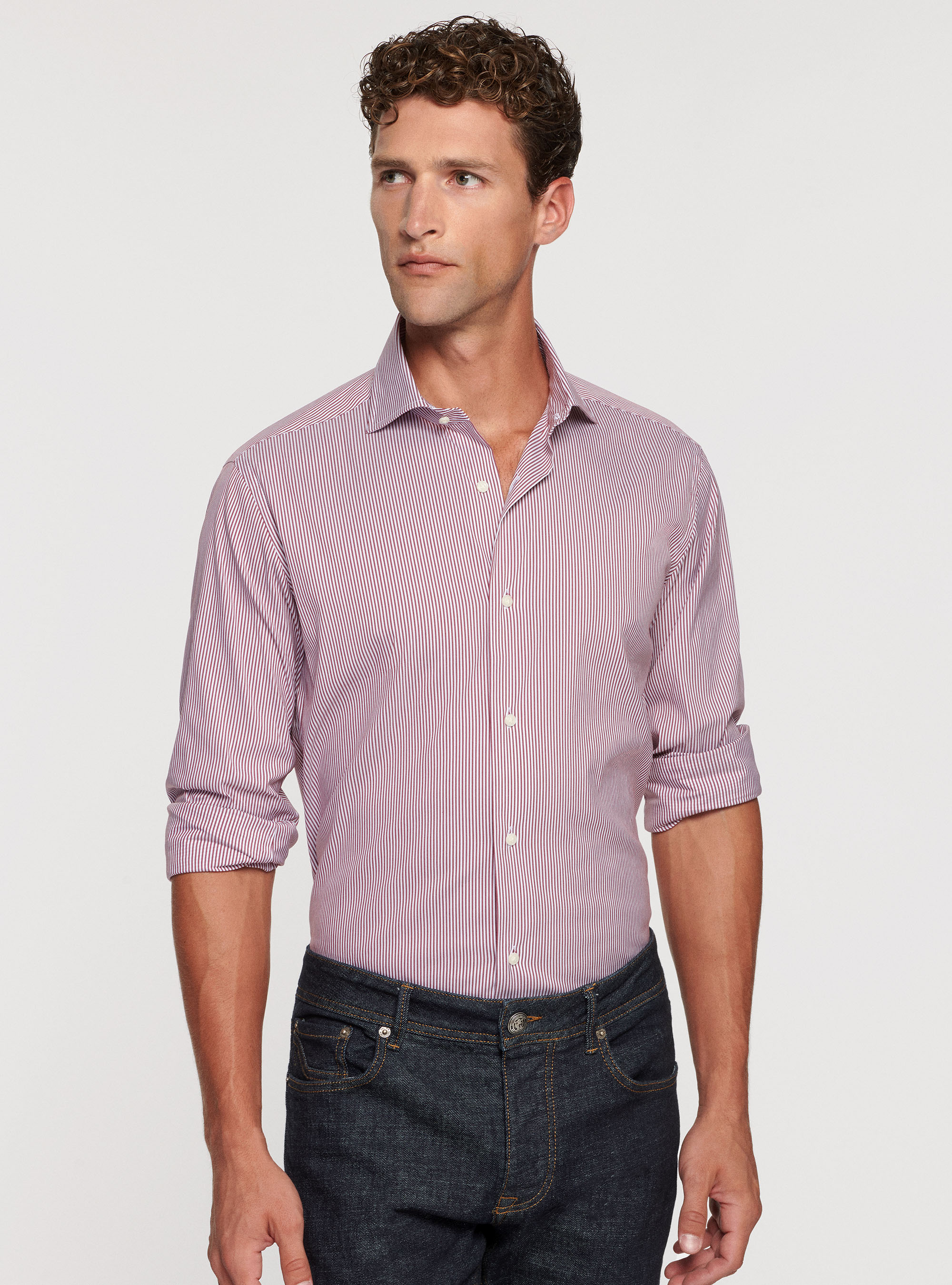 Camicia in popeline stretch rigato, BORDEAUX