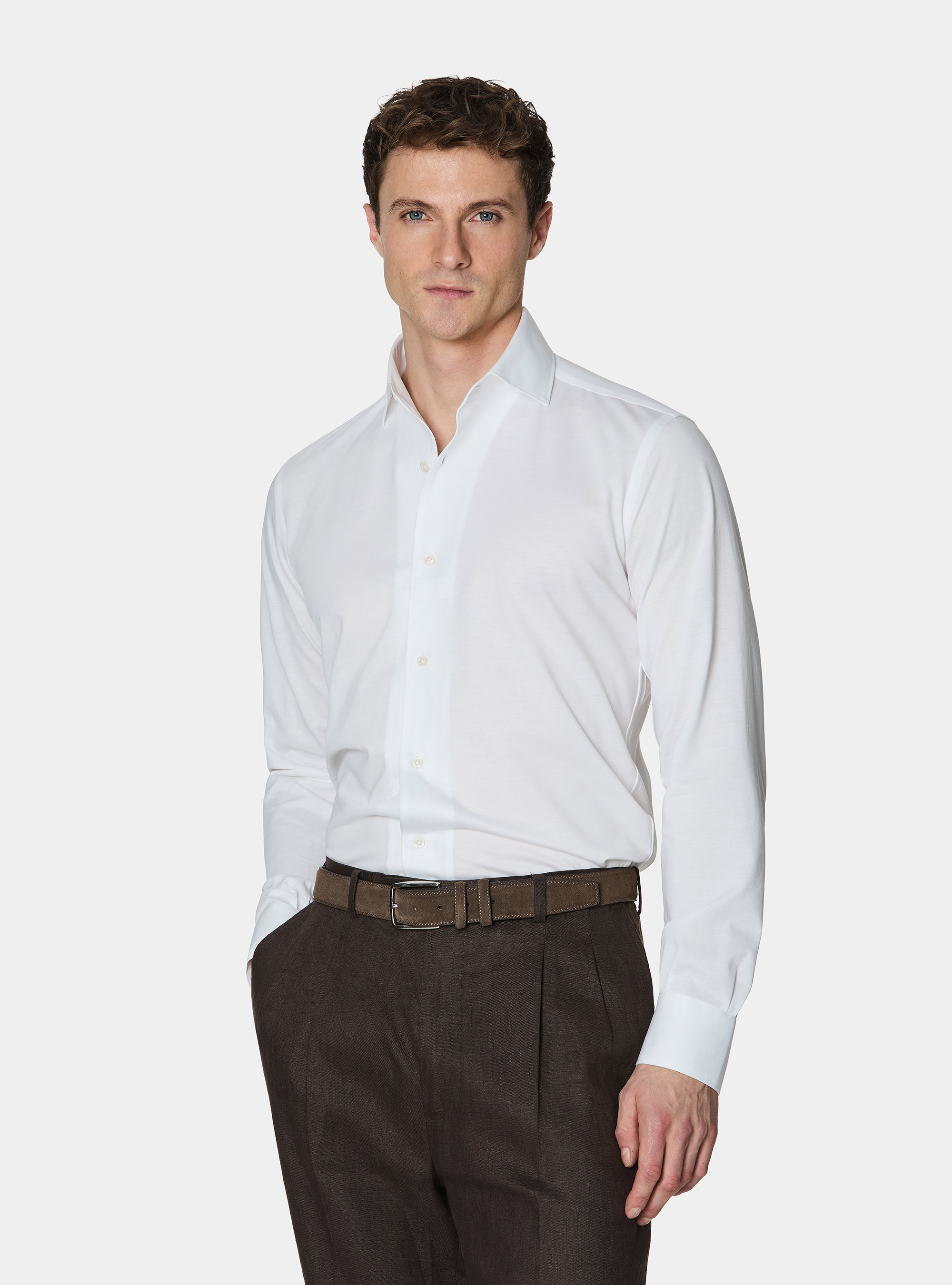 Camicia in jersey misto cotone paramontura, BIANCO