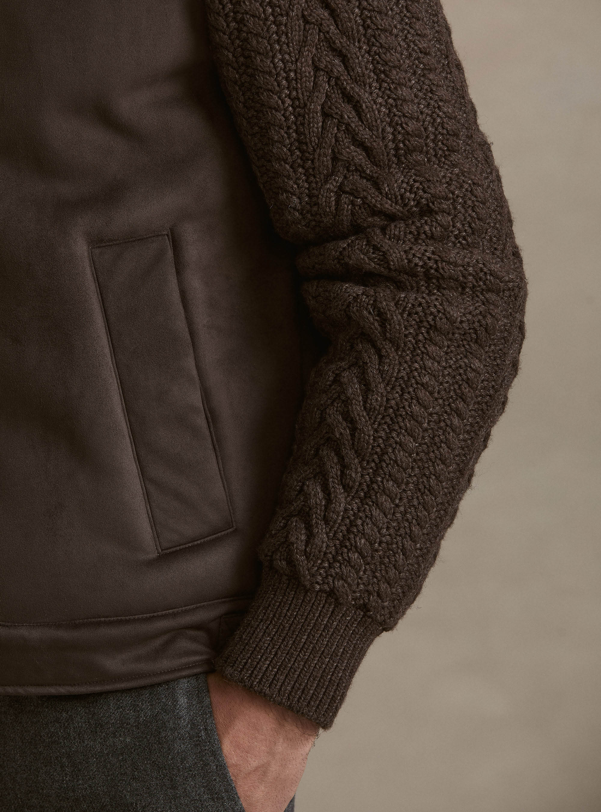 Suede-effect shearling with knit sleeves, BROWN