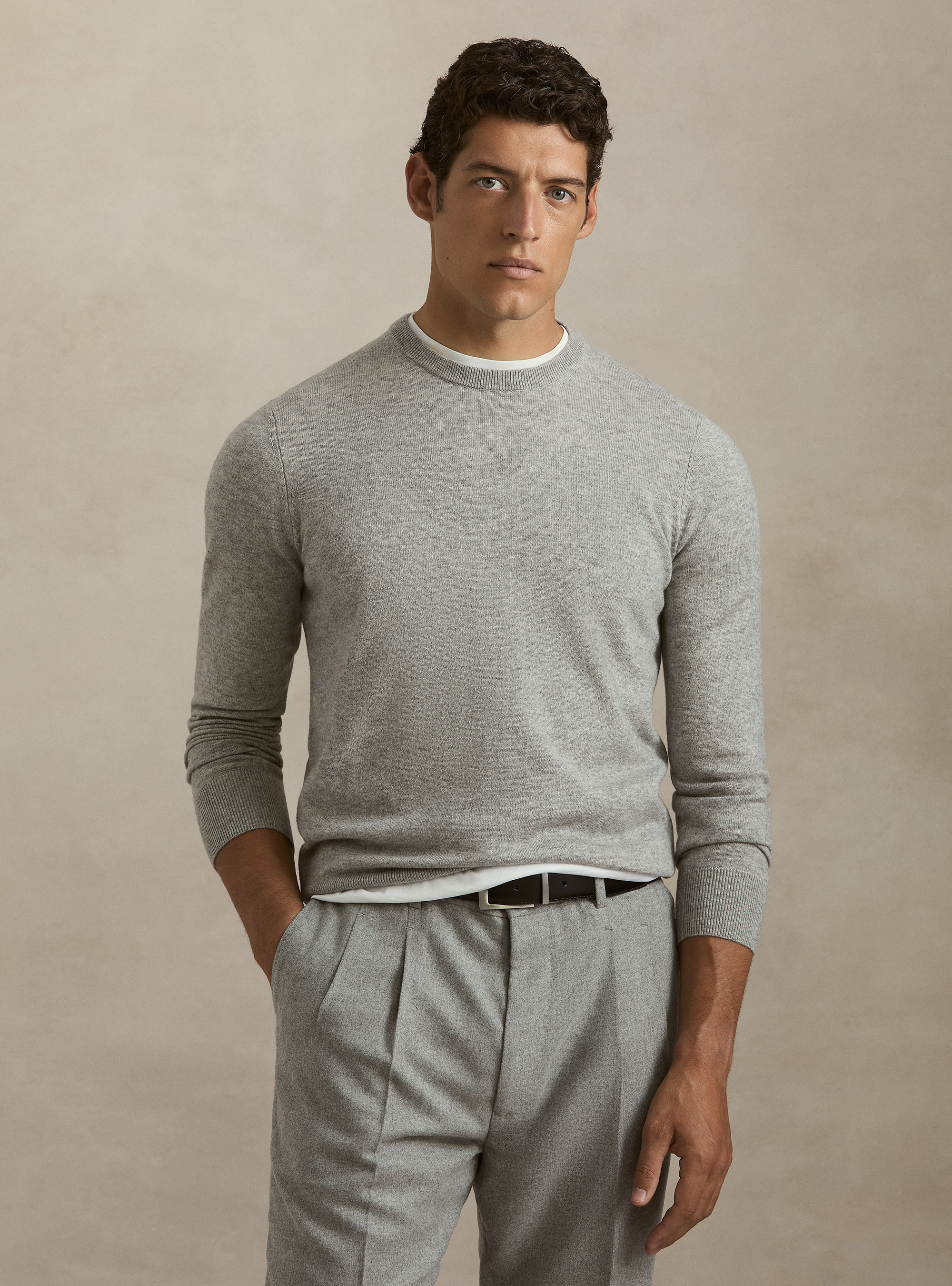 Girocollo in maglia in lana poliammide cashmere, LIGHT GREY MELANGE