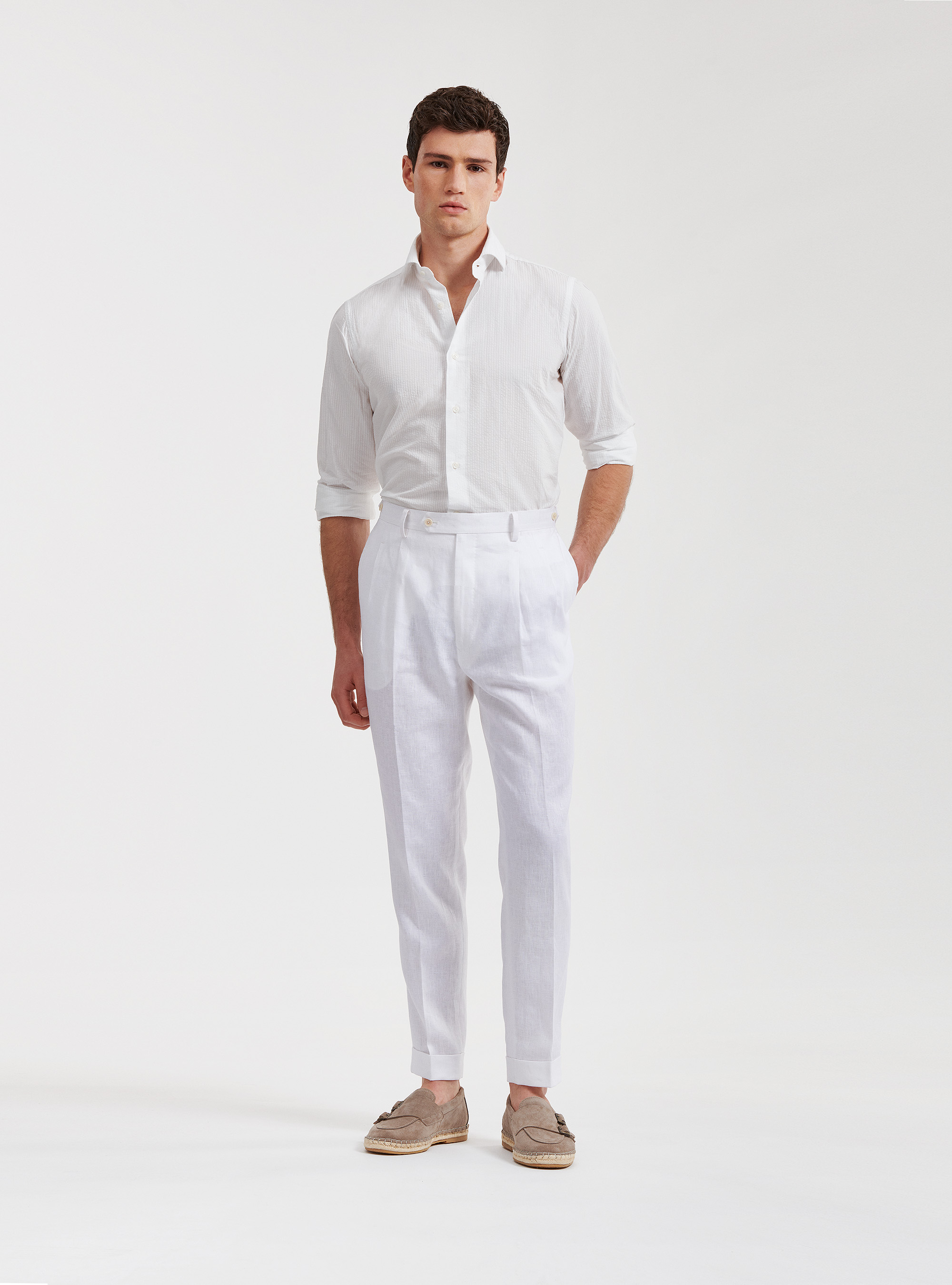 Semi-French collar shirt in seersucker cotton, WHITE