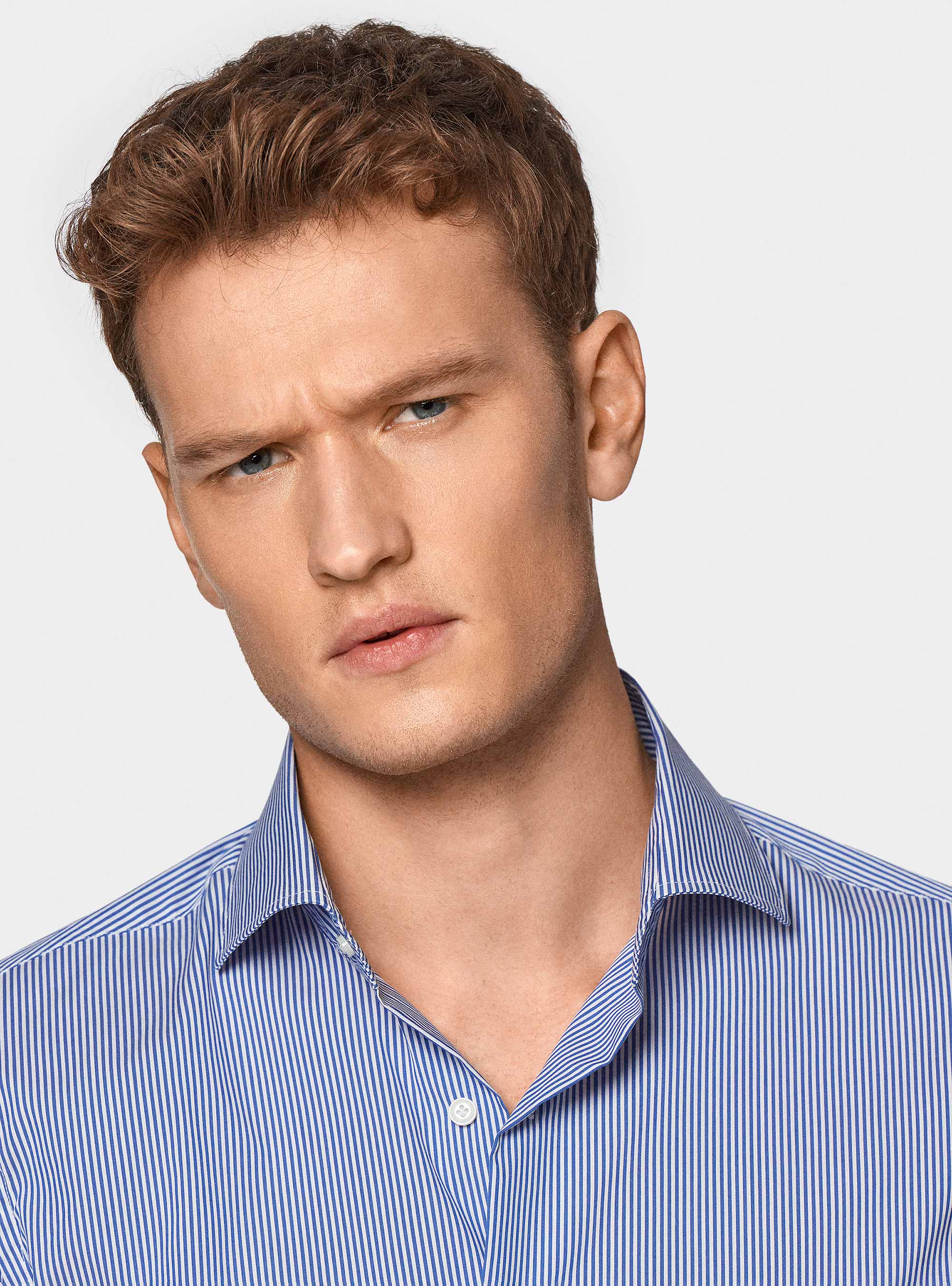 Camicia rigata in popeline stretch, BLU