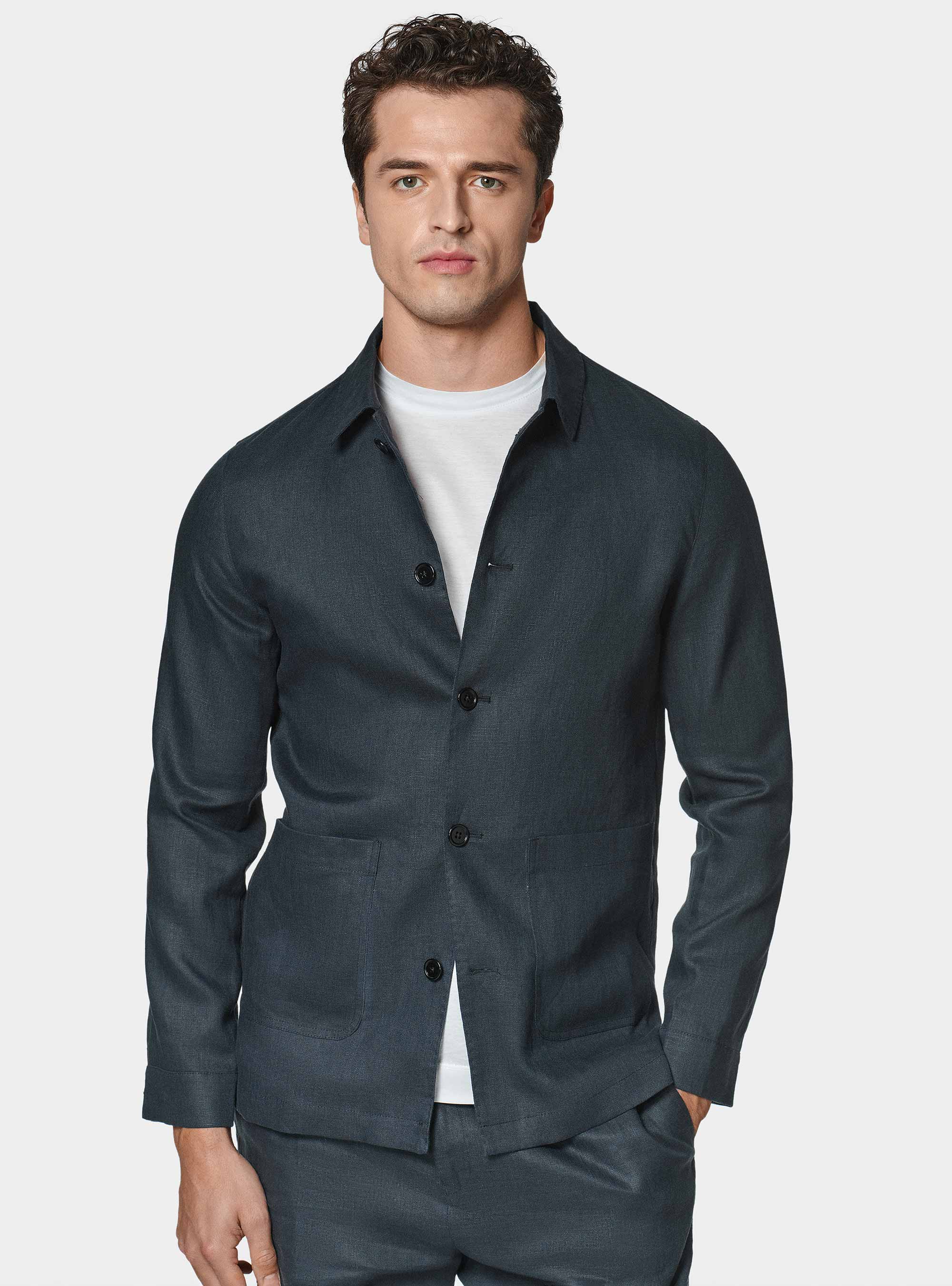 Giacca camicia in puro lino, BLU NAVY