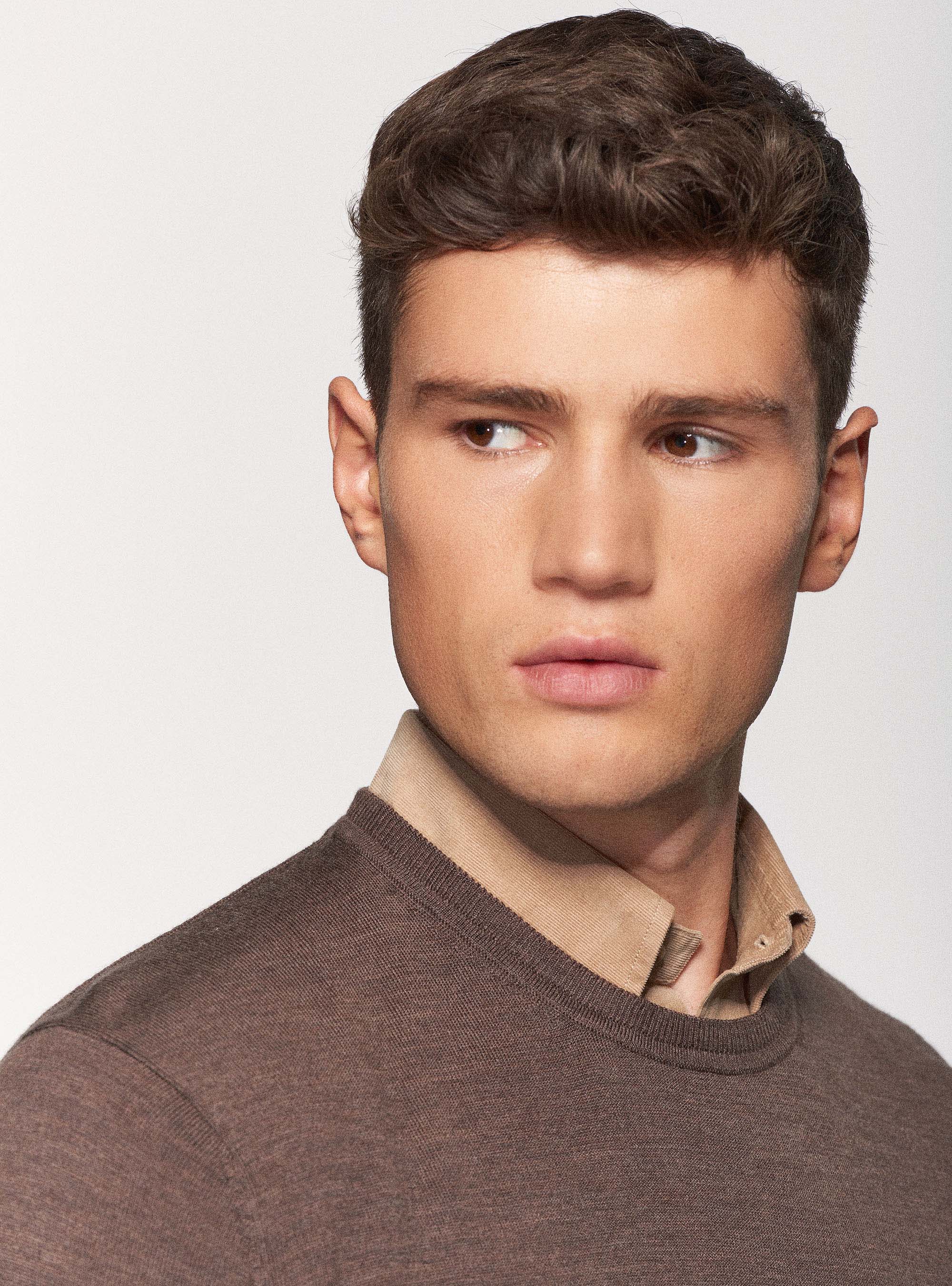 Maglia girocollo in pura lana merino extrafine, FANGO