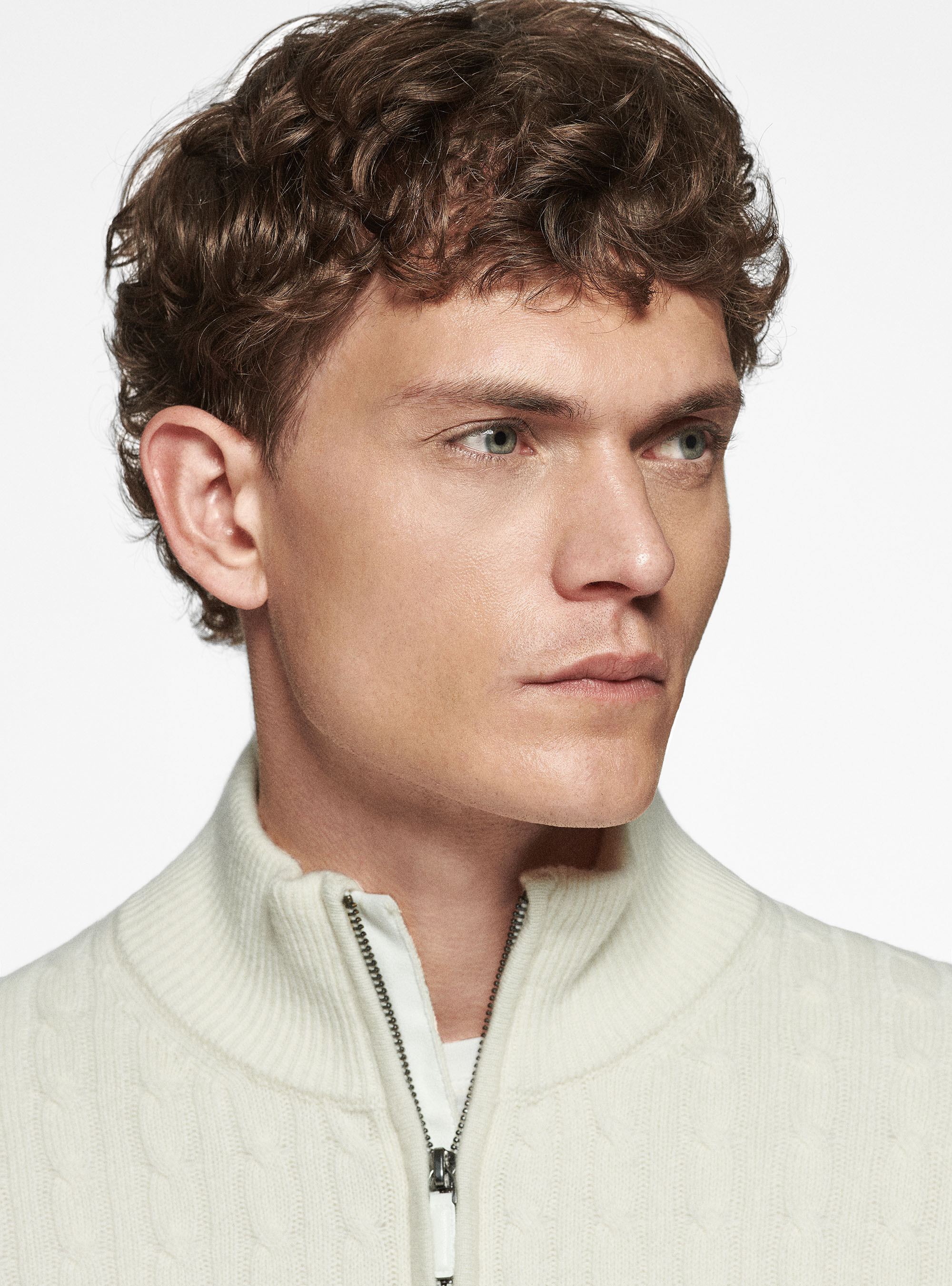 Maglia mock neck in lana e cashmere con trecce, BIANCO