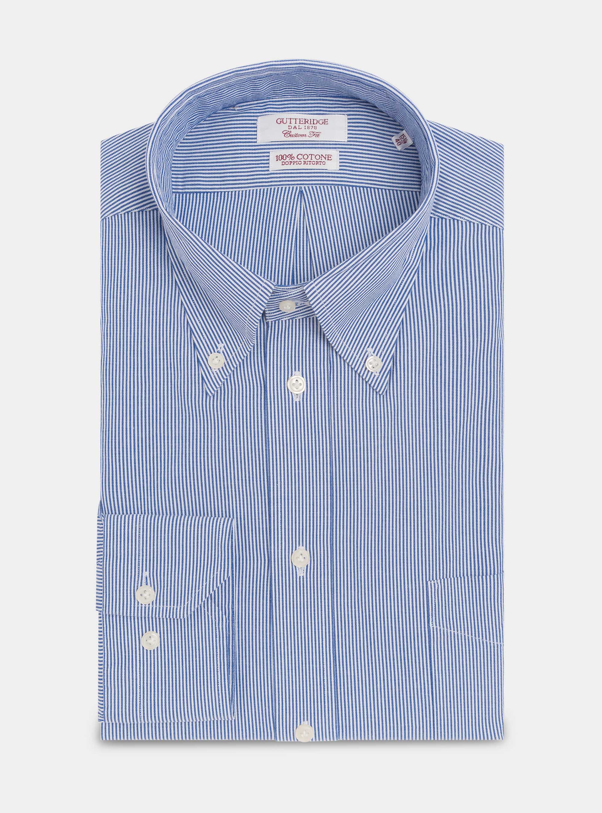 Camicia custom fit in cotone oxford rigato, BLU