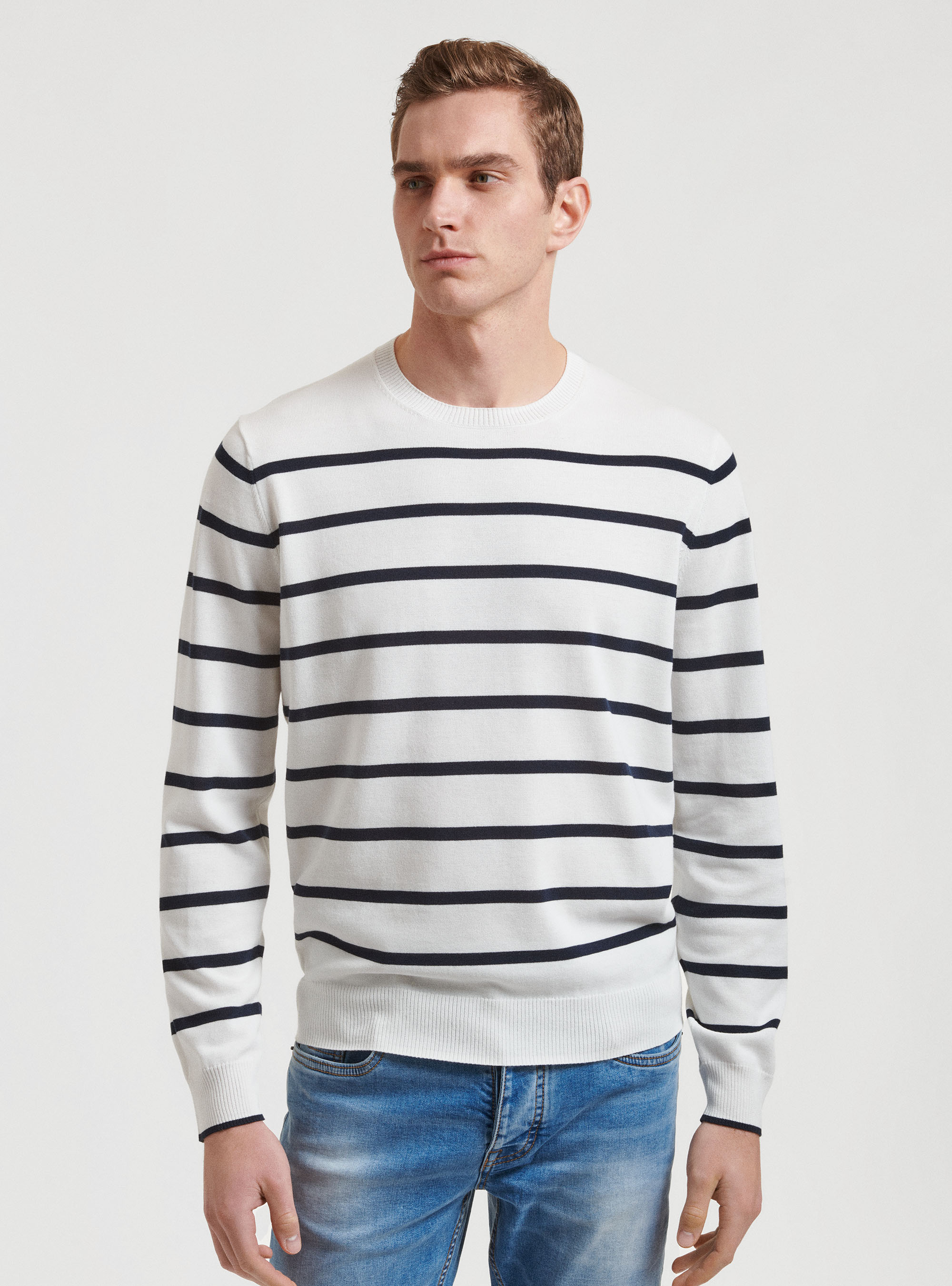 Pullover in maglia a righe, BIANCO