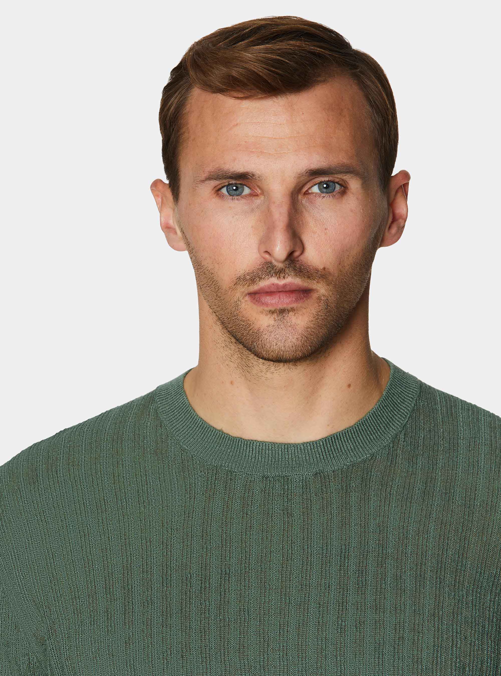 Maglia girocollo a costine in puro lino, SALVIA 0602C