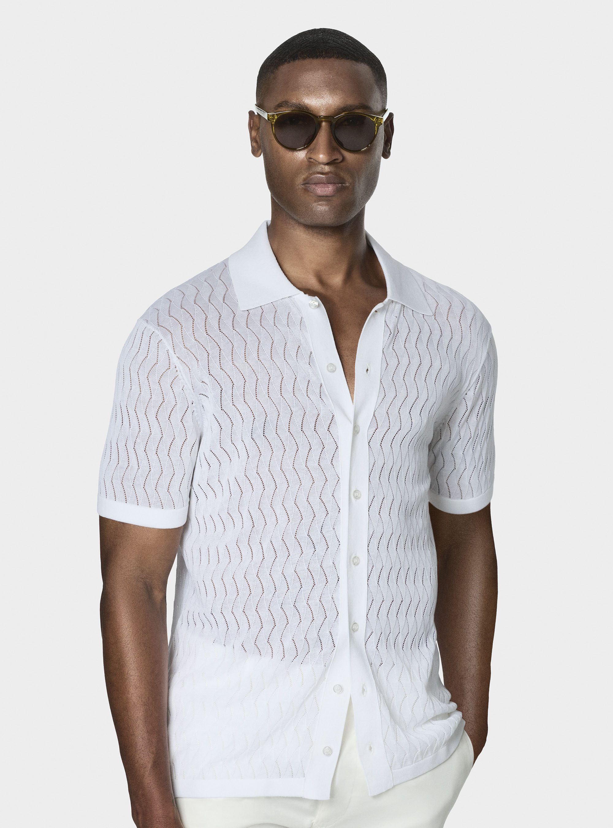 Polo camicia in maglia traforata in cotone e seta, BIANCO