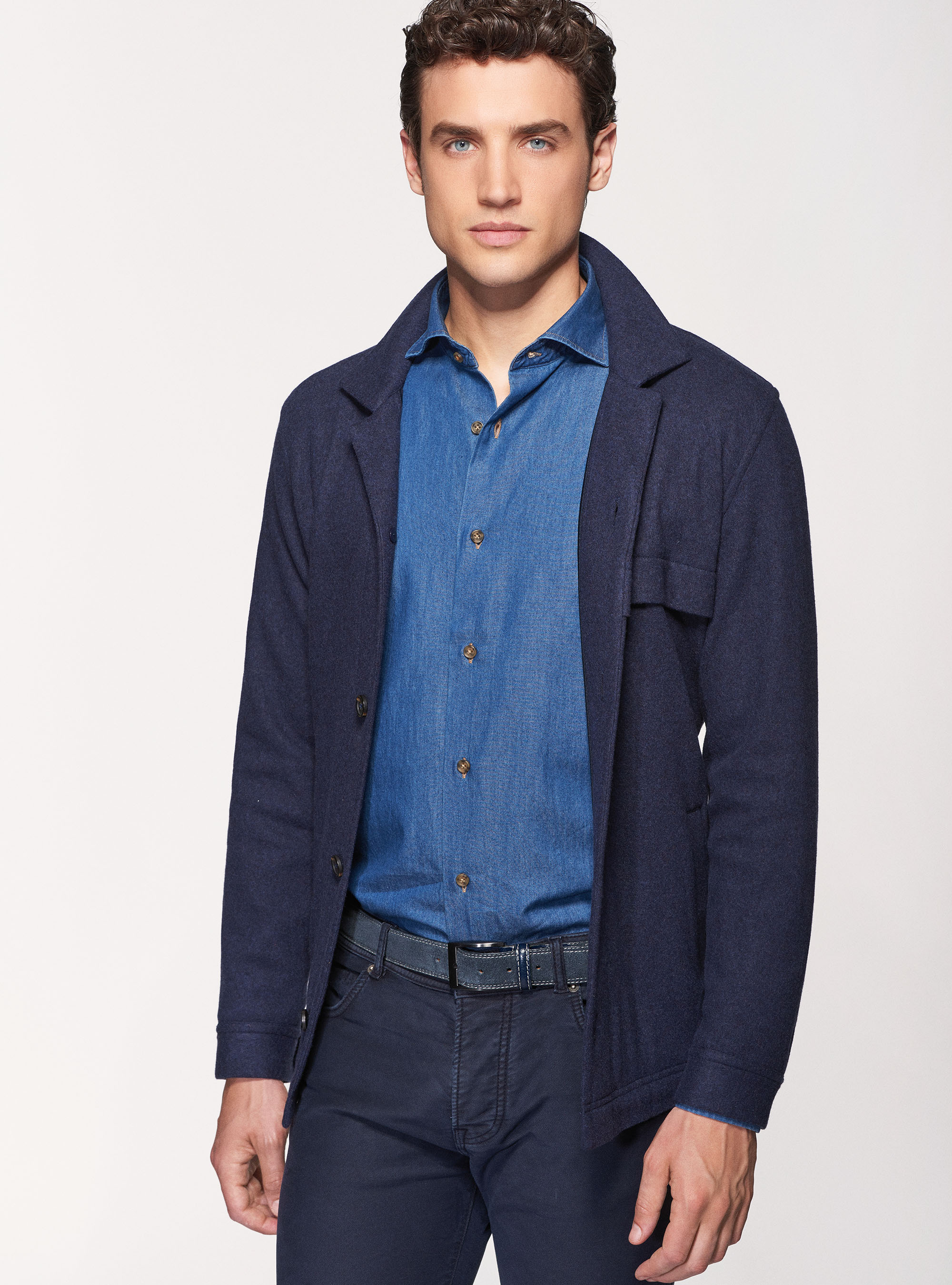 Giacca camicia in jersey di lana, BLU NAVY