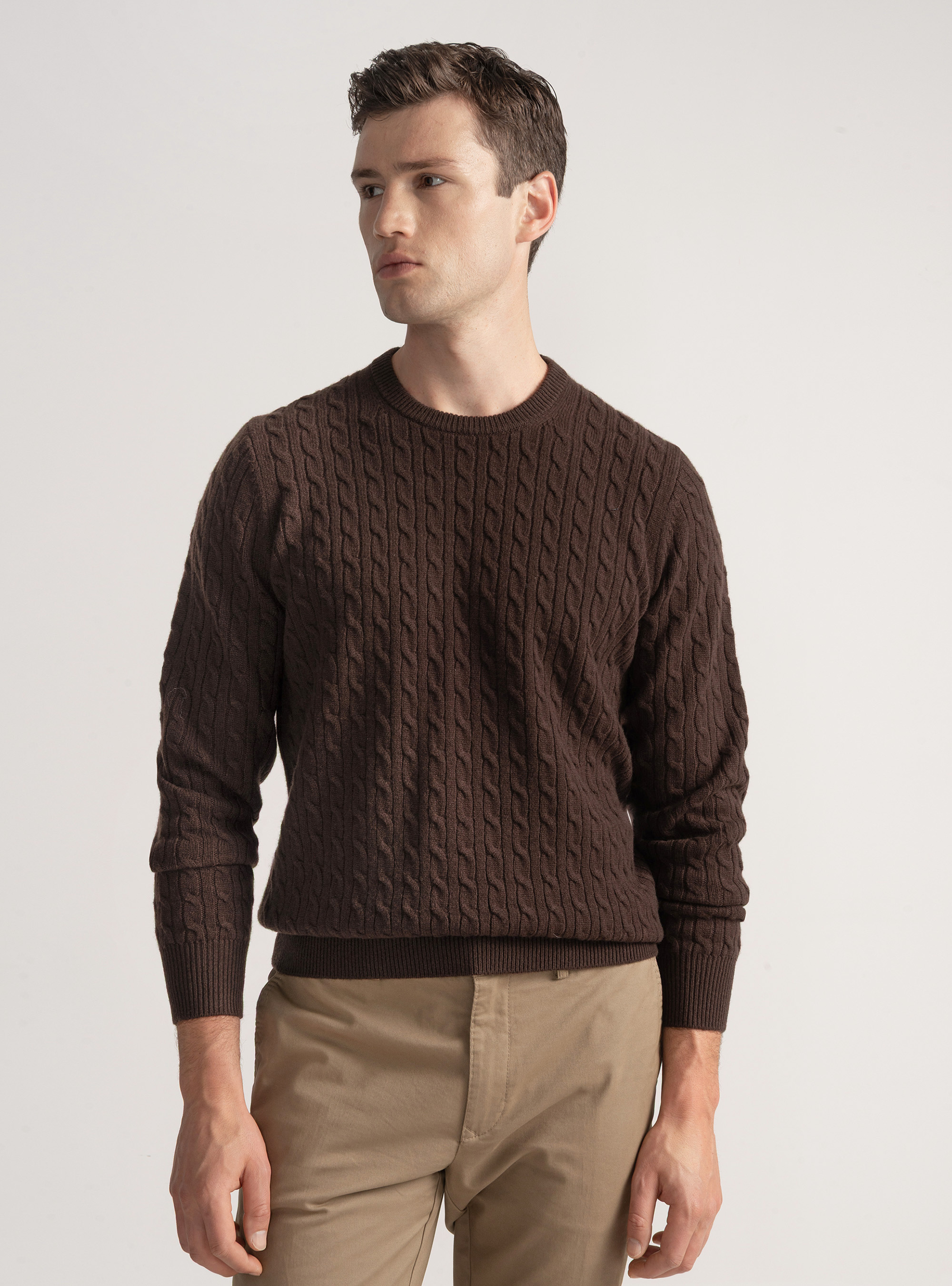 Crew-neck sweater with wool and cashmere braid, BROWN