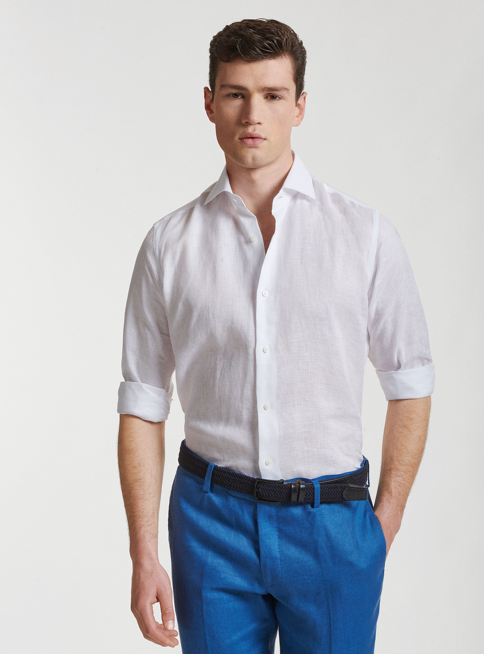 Camisa de lino puro con cuello semifranc&eacute;s, BLANCO