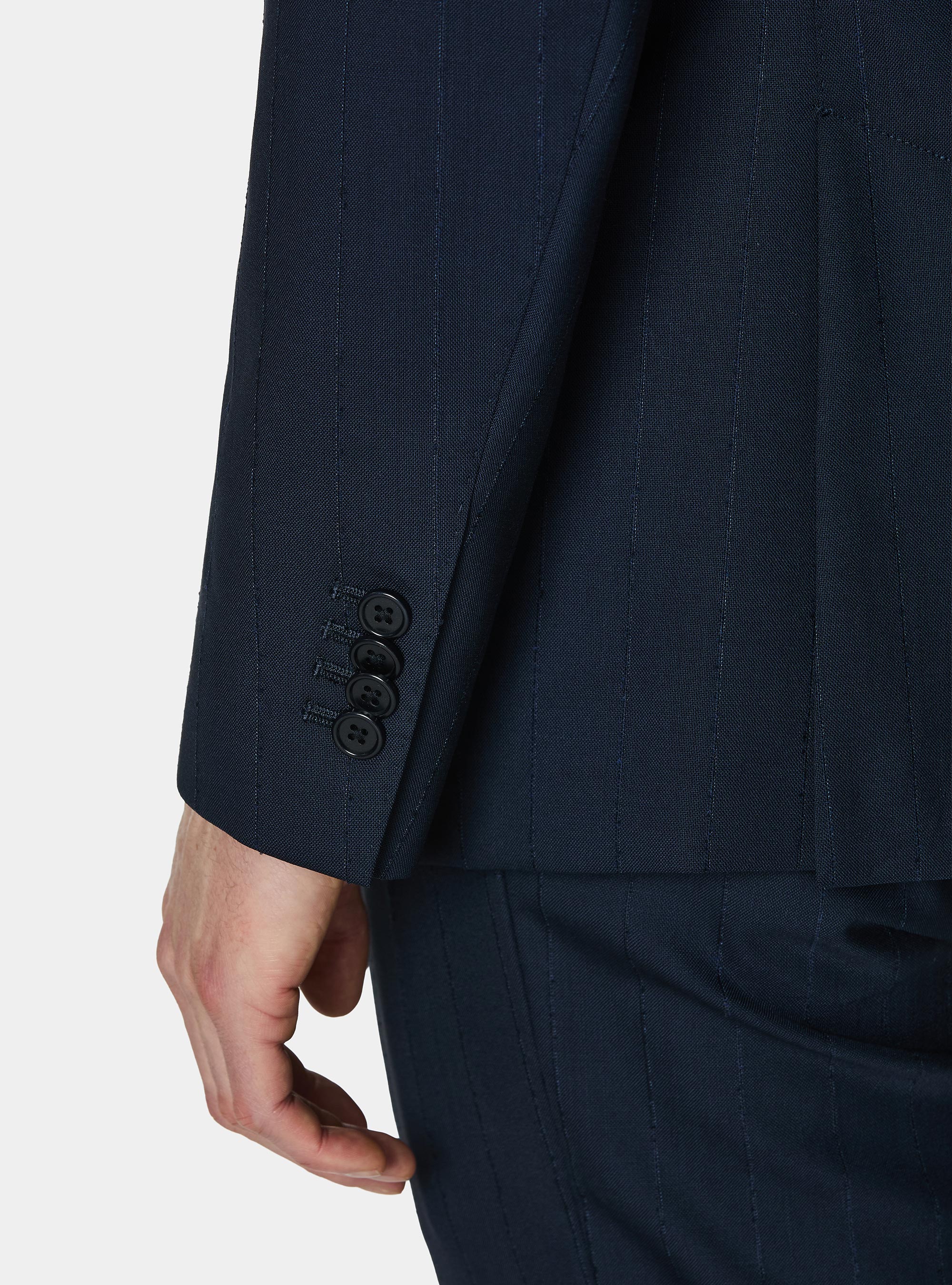 Pinstriped suit blazer in 100% wool, NAVY BLUE