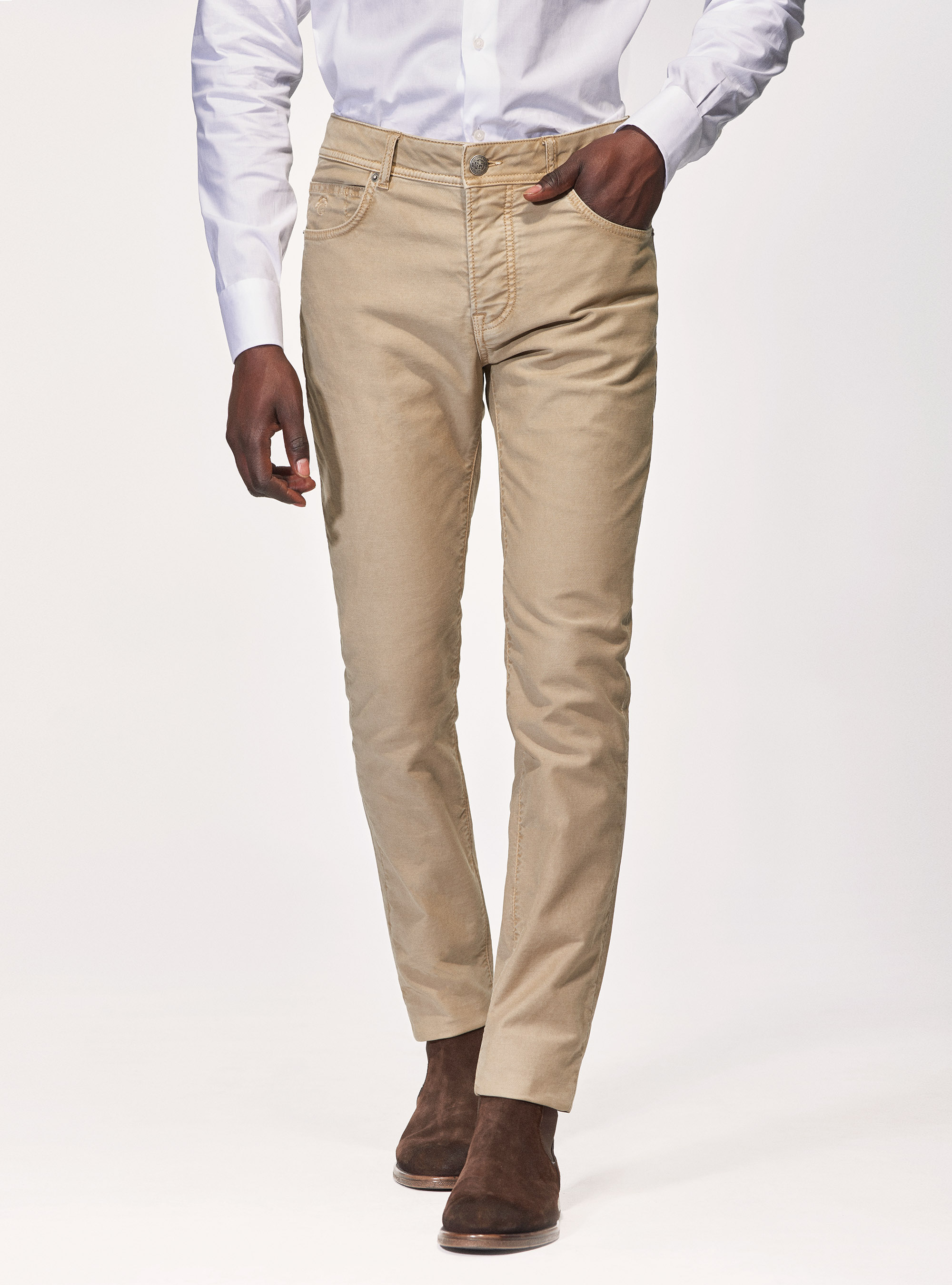 Pantalones de 5 bolsillos en sarga teñida, BARRO