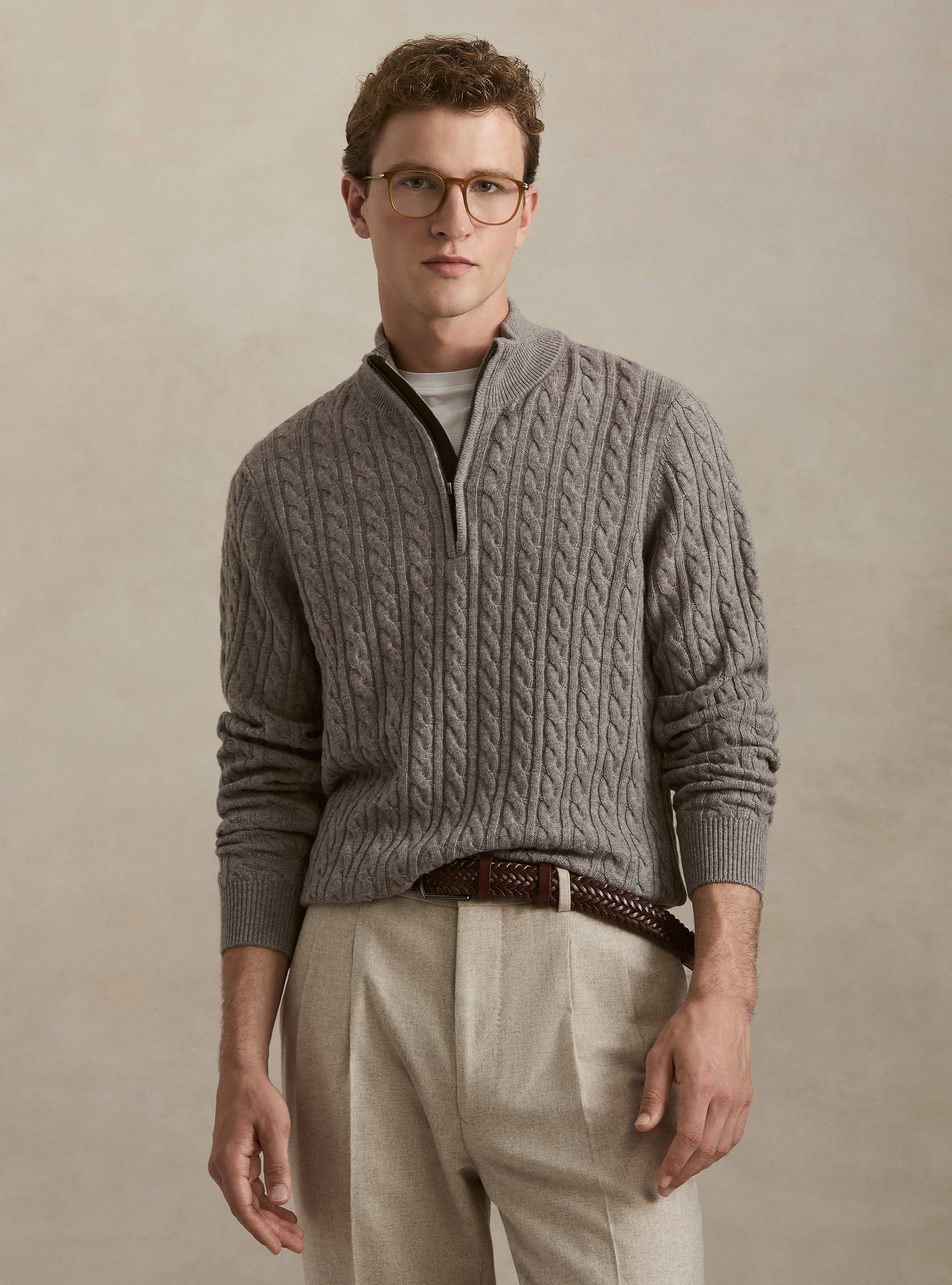 Maglia collo mock con trecca in misto lana, TORTORA 0542C