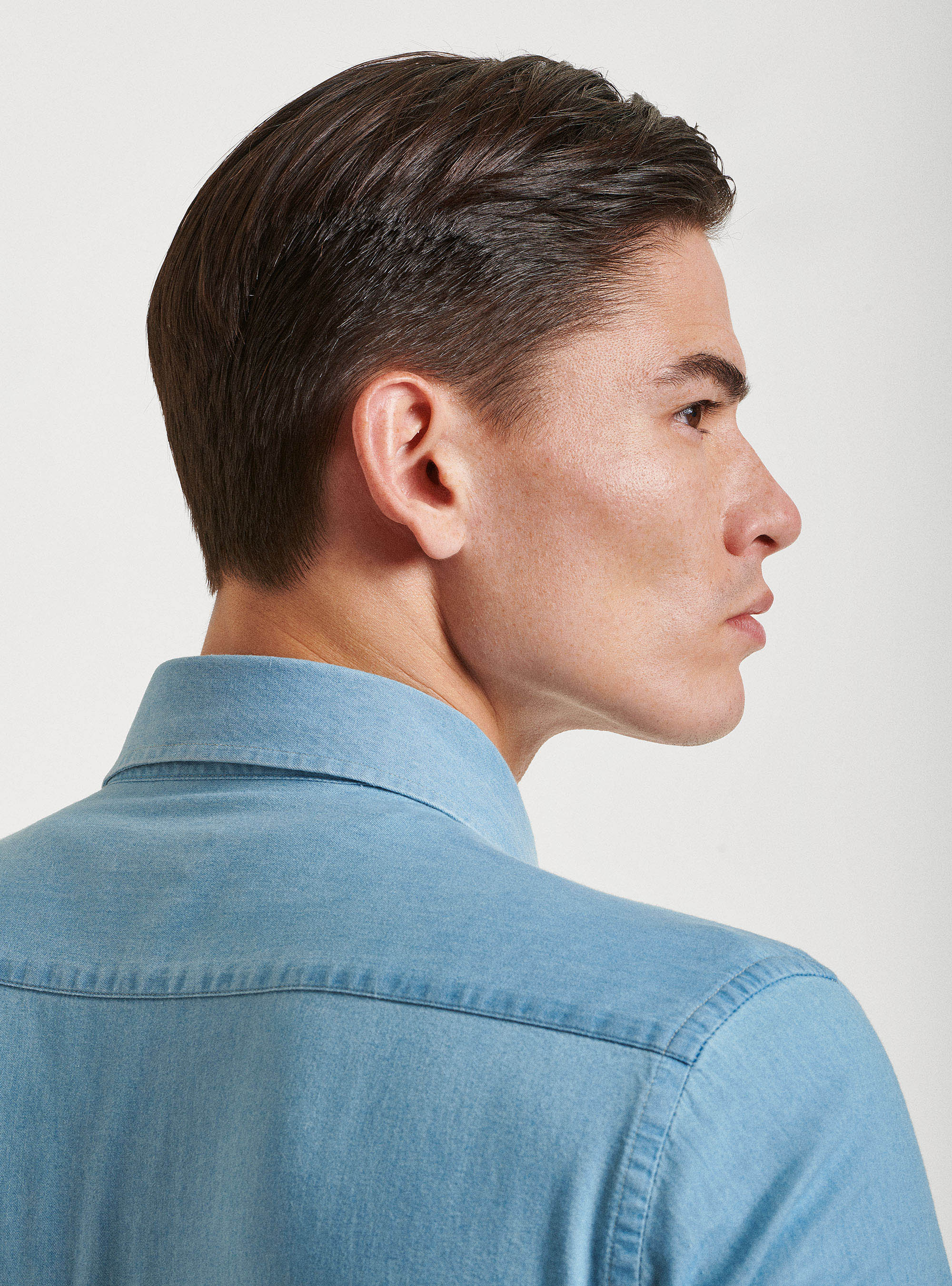 Camicia denim in cotone chambray, AZZURRO