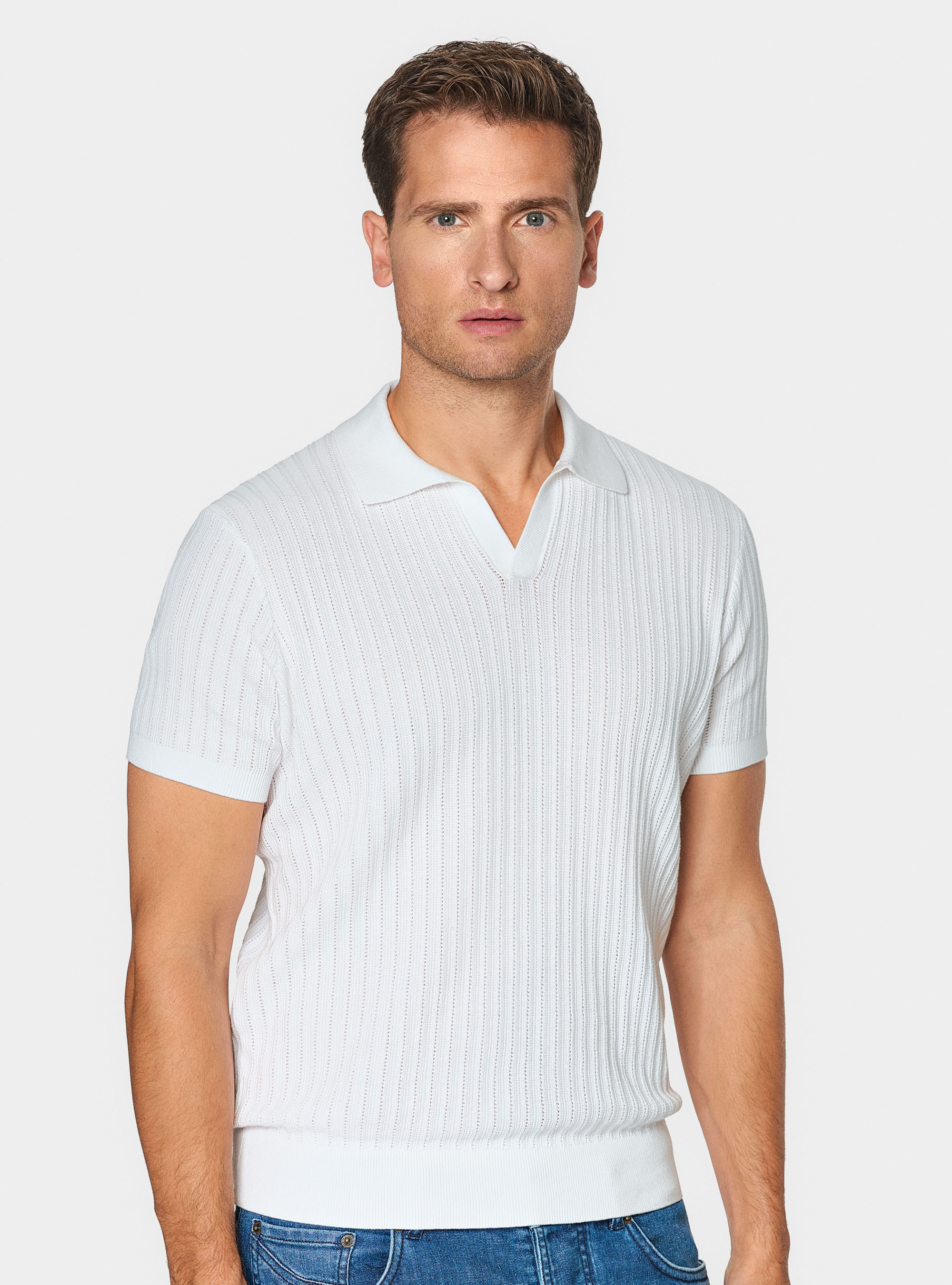 Polo in maglia traforata senza bottoni in cotone extrafine, BIANCO