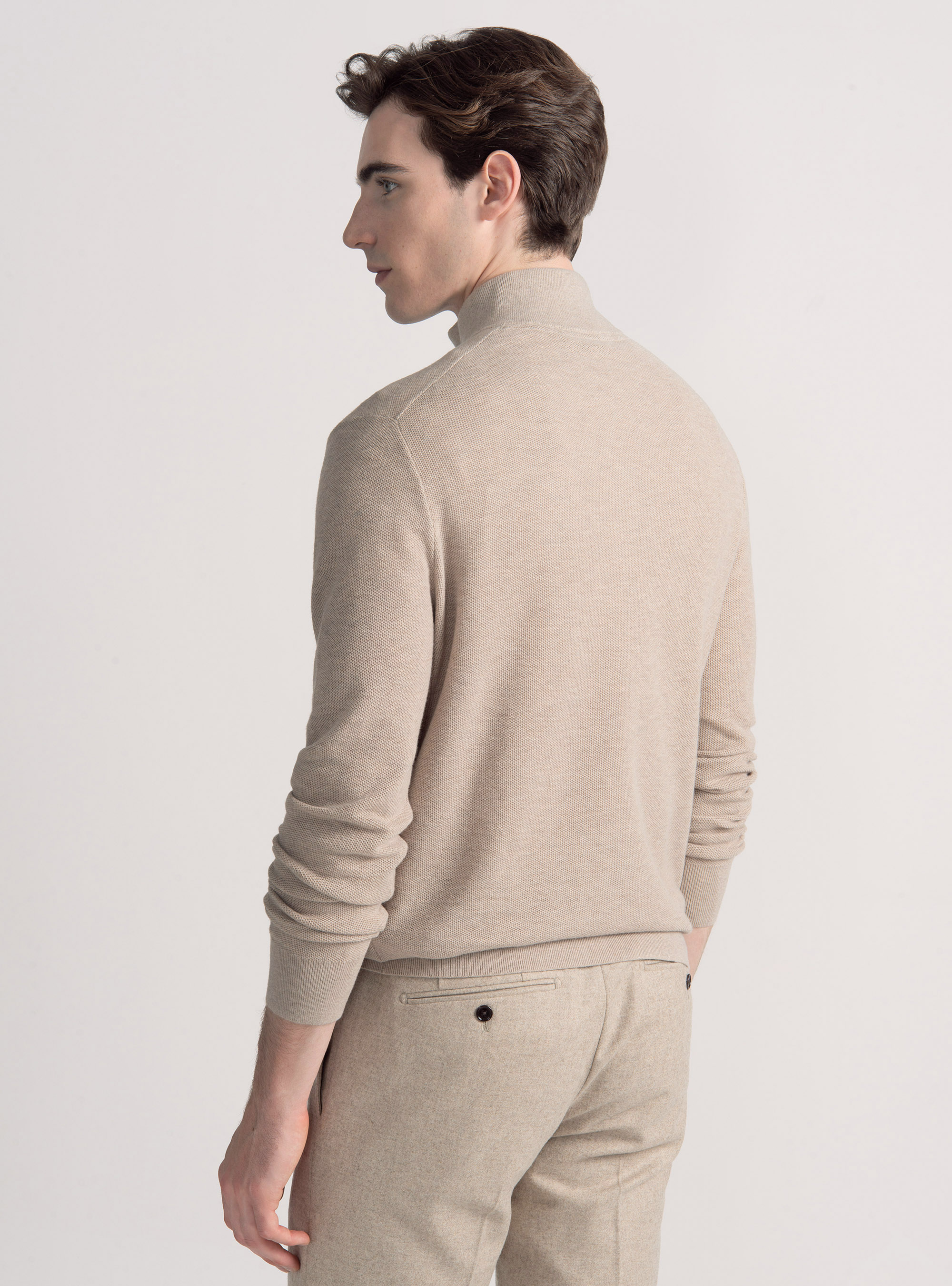 Cotton cashmere honeycomb mock neck sweater, ECRU