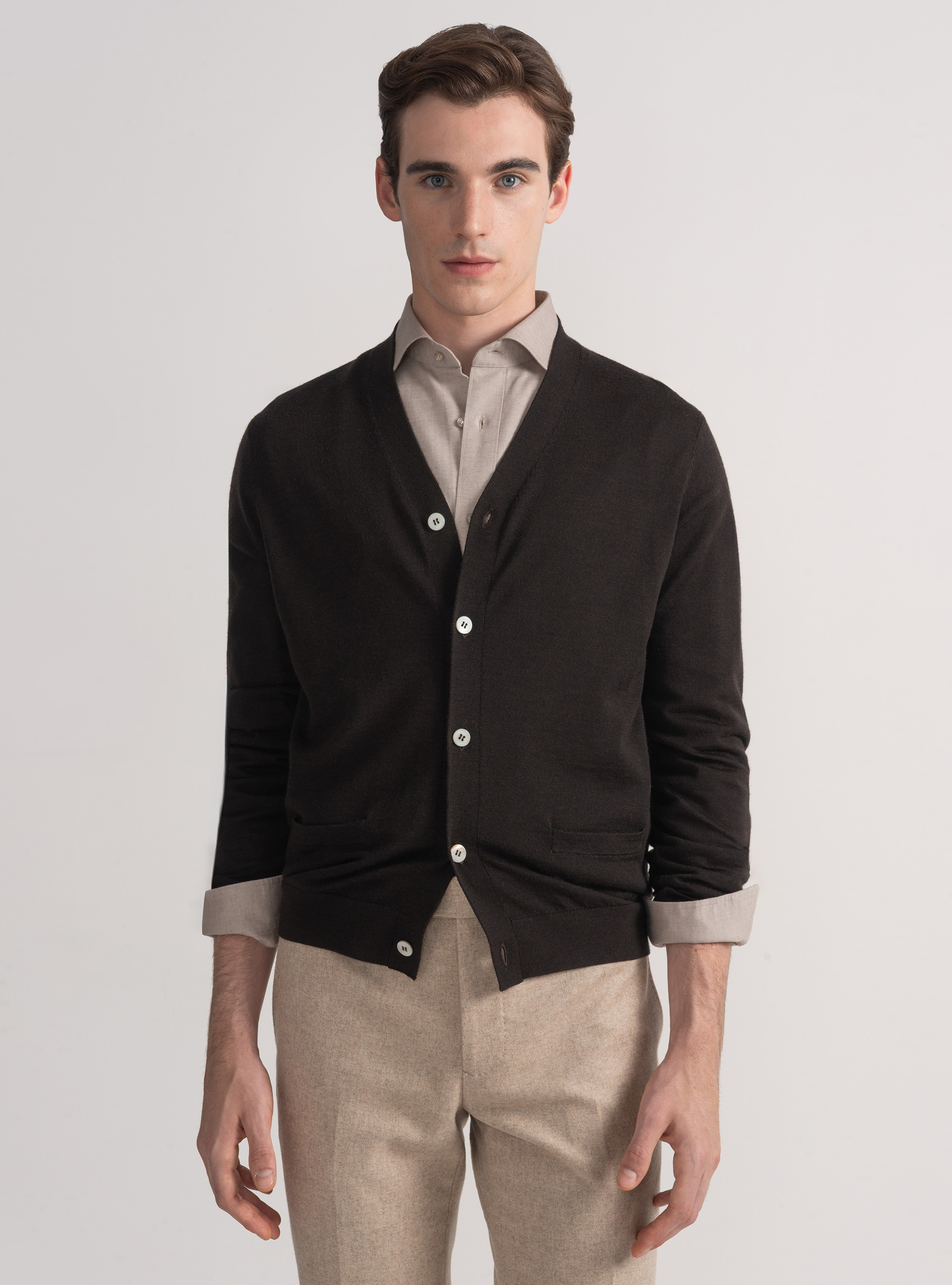 Knitted cardigan with buttons in extra-fine merino wool, BROWN