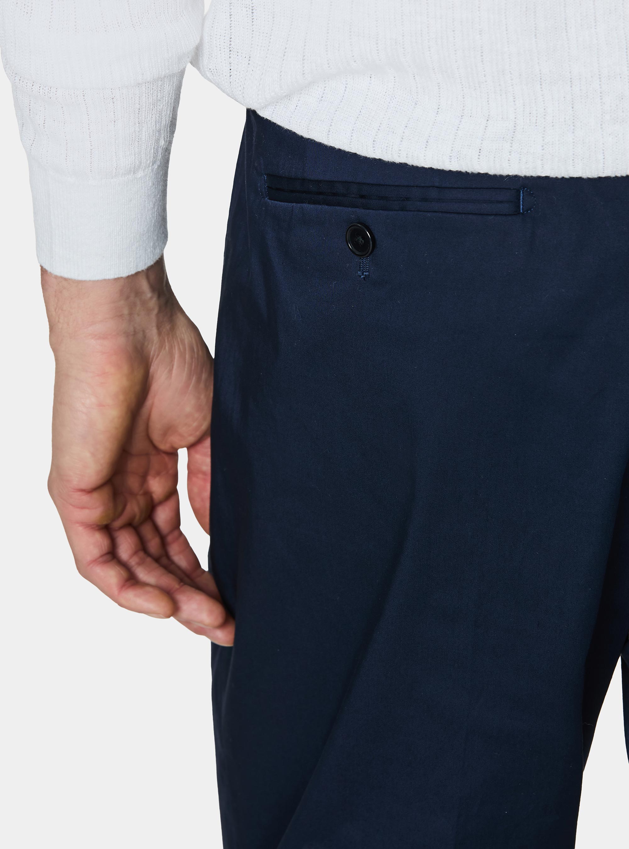 Pantalon &agrave; pinces en popeline de coton stretch, BLEU MARINE