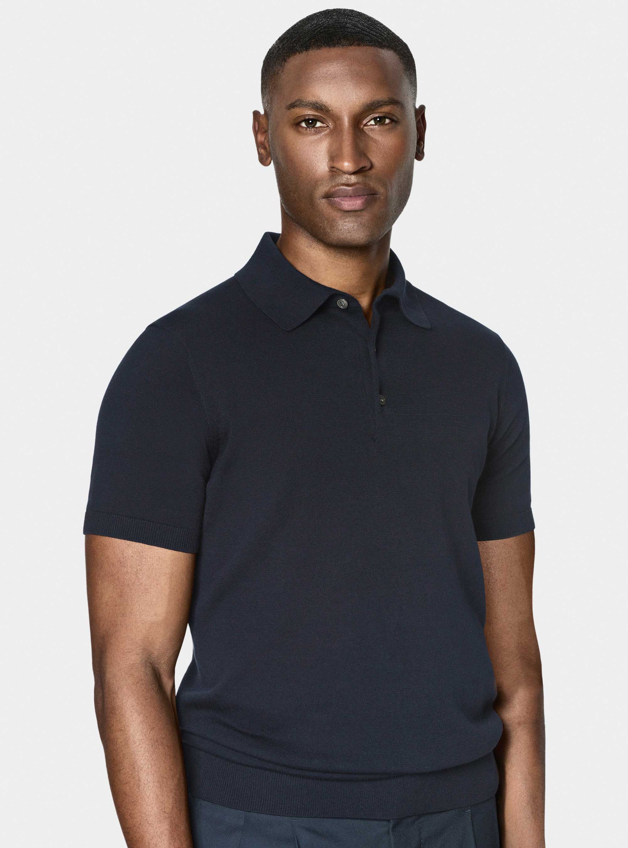 Polo de punto de algodón extrafino, AZUL MARINO