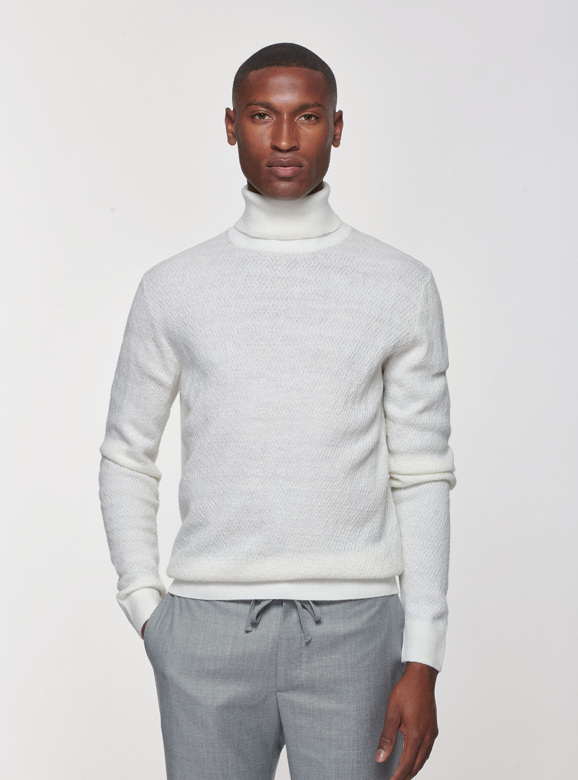 Cuello alto de mezcla de lana texturizada, BLANCO