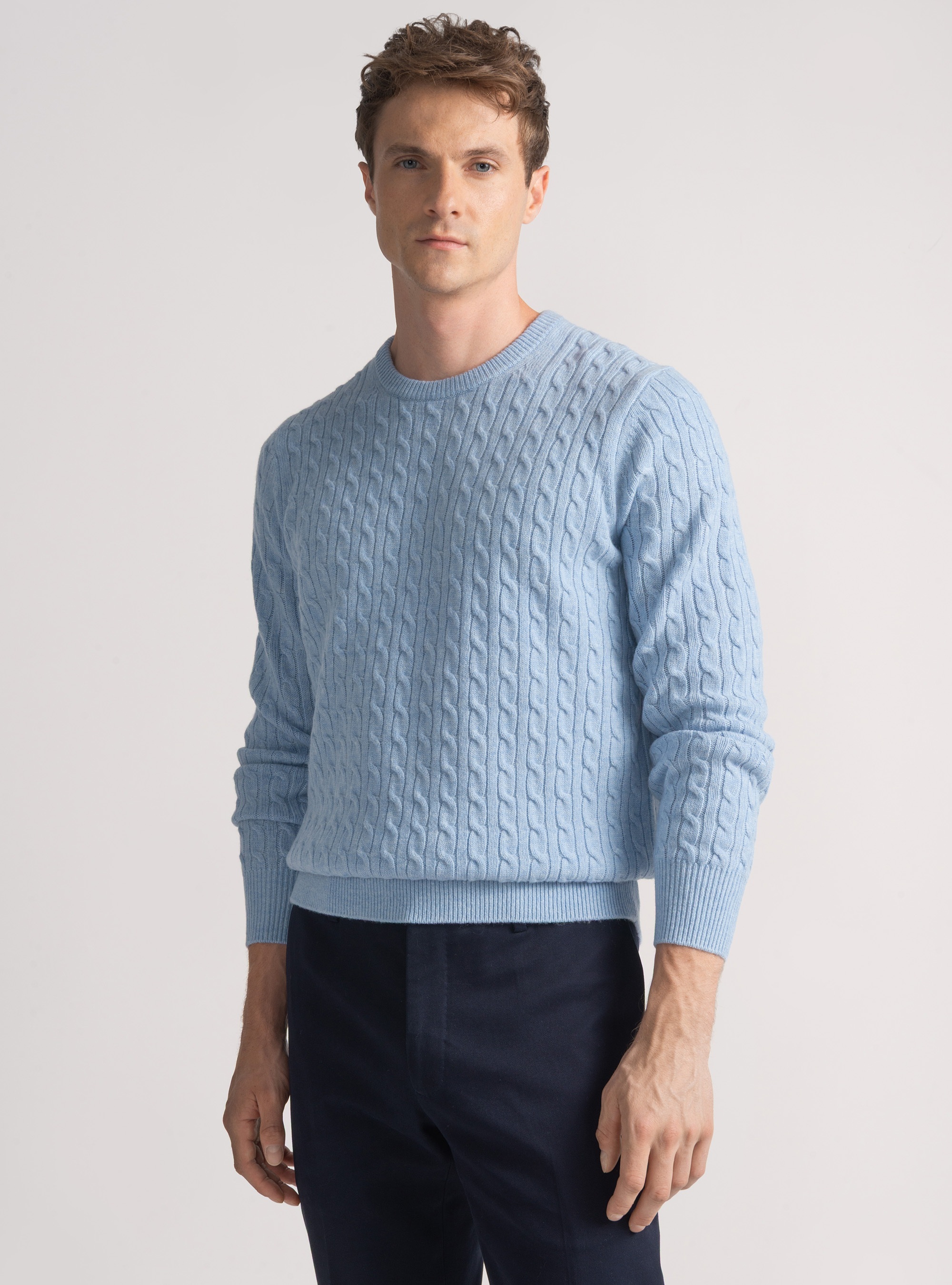 Crew-neck sweater with wool and cashmere braid, AZZURRO POLVERE 0283C