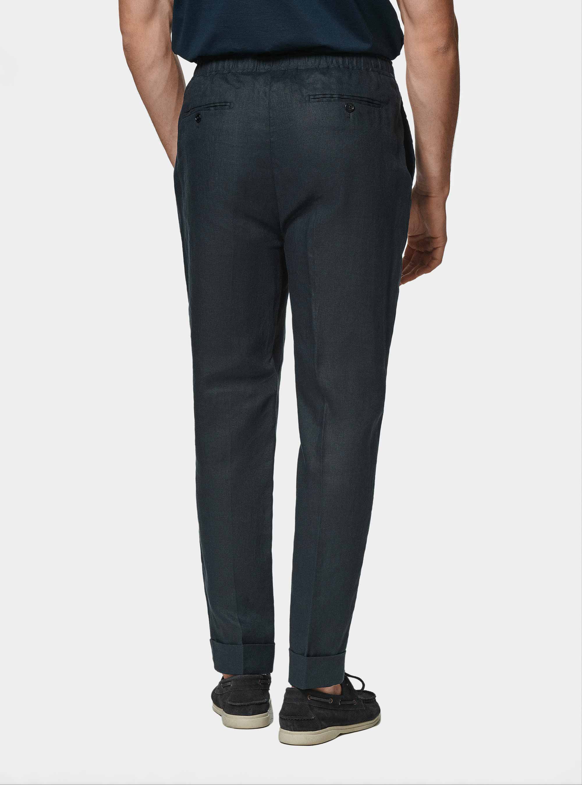 Pure linen trousers with pleat and drawstring, NAVY BLUE