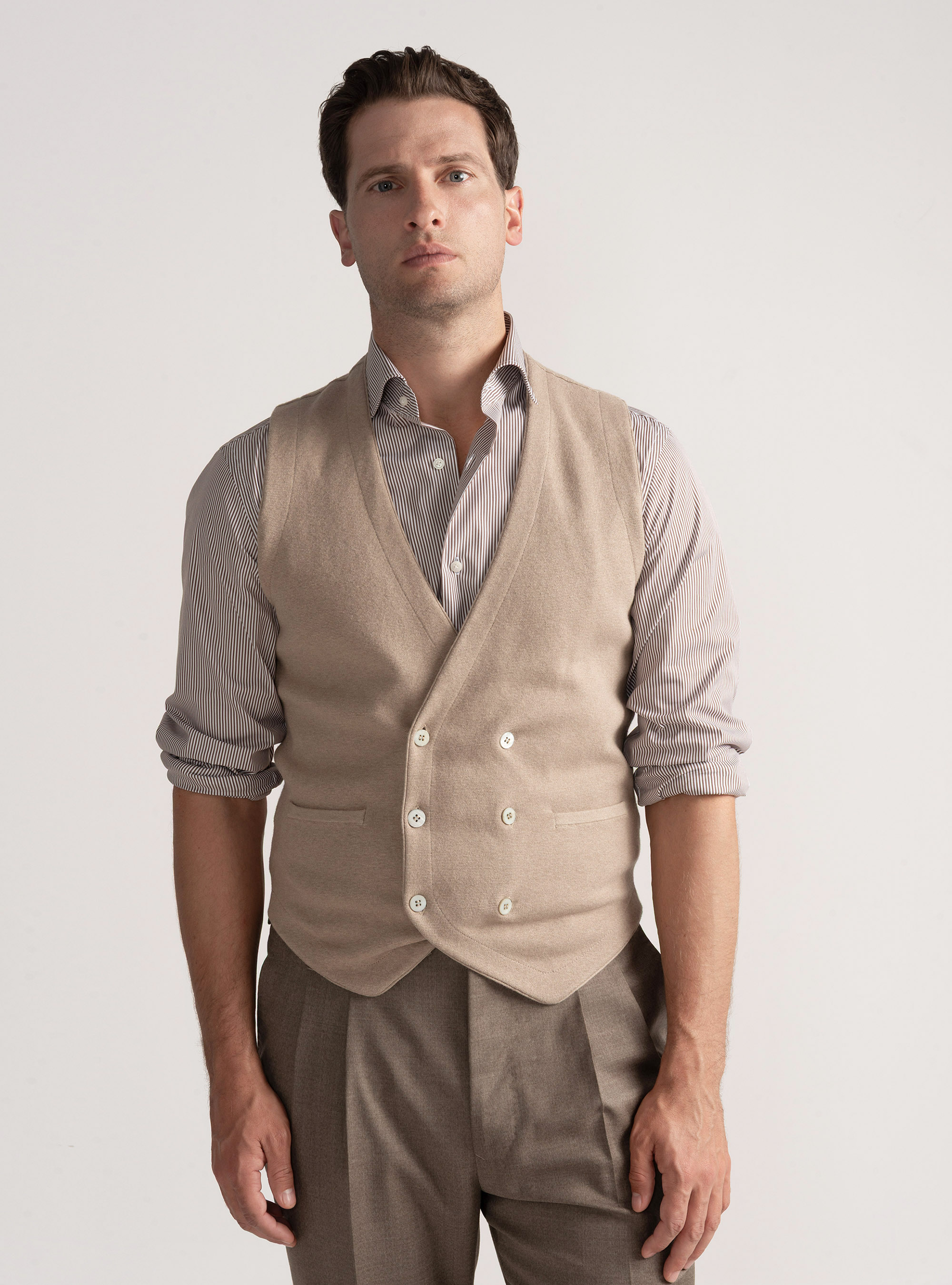 Gilet doppiopetto in maglia di cotone e cashmere, SABBIA