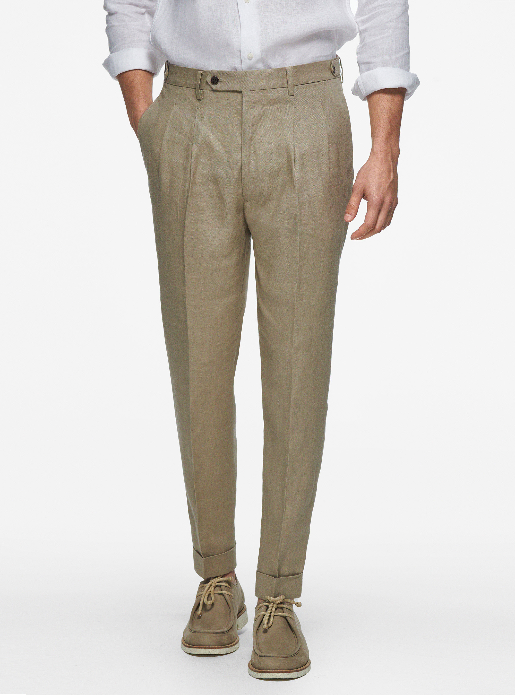 Gutteridge - Pantaloni doppia pince in puro lino, Unisex, Fango, Taglia: 44