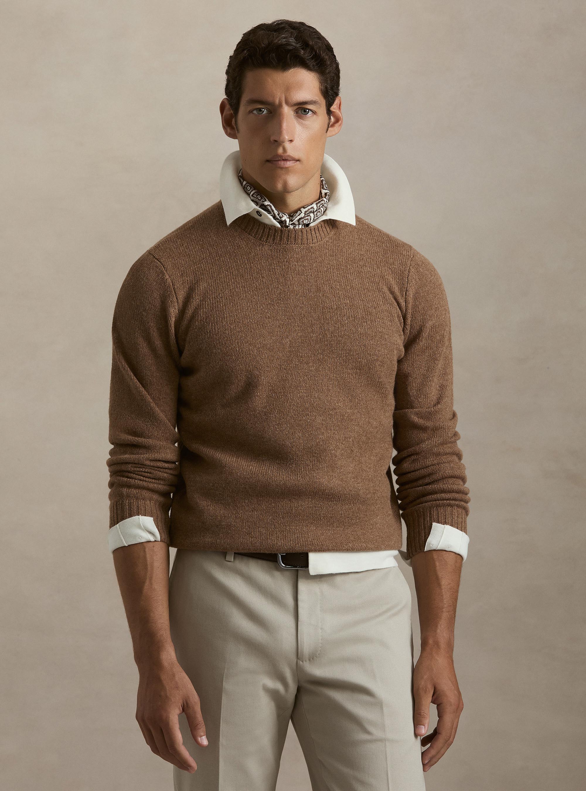 Pure Shetland wool crewneck sweater, HAZELNUT