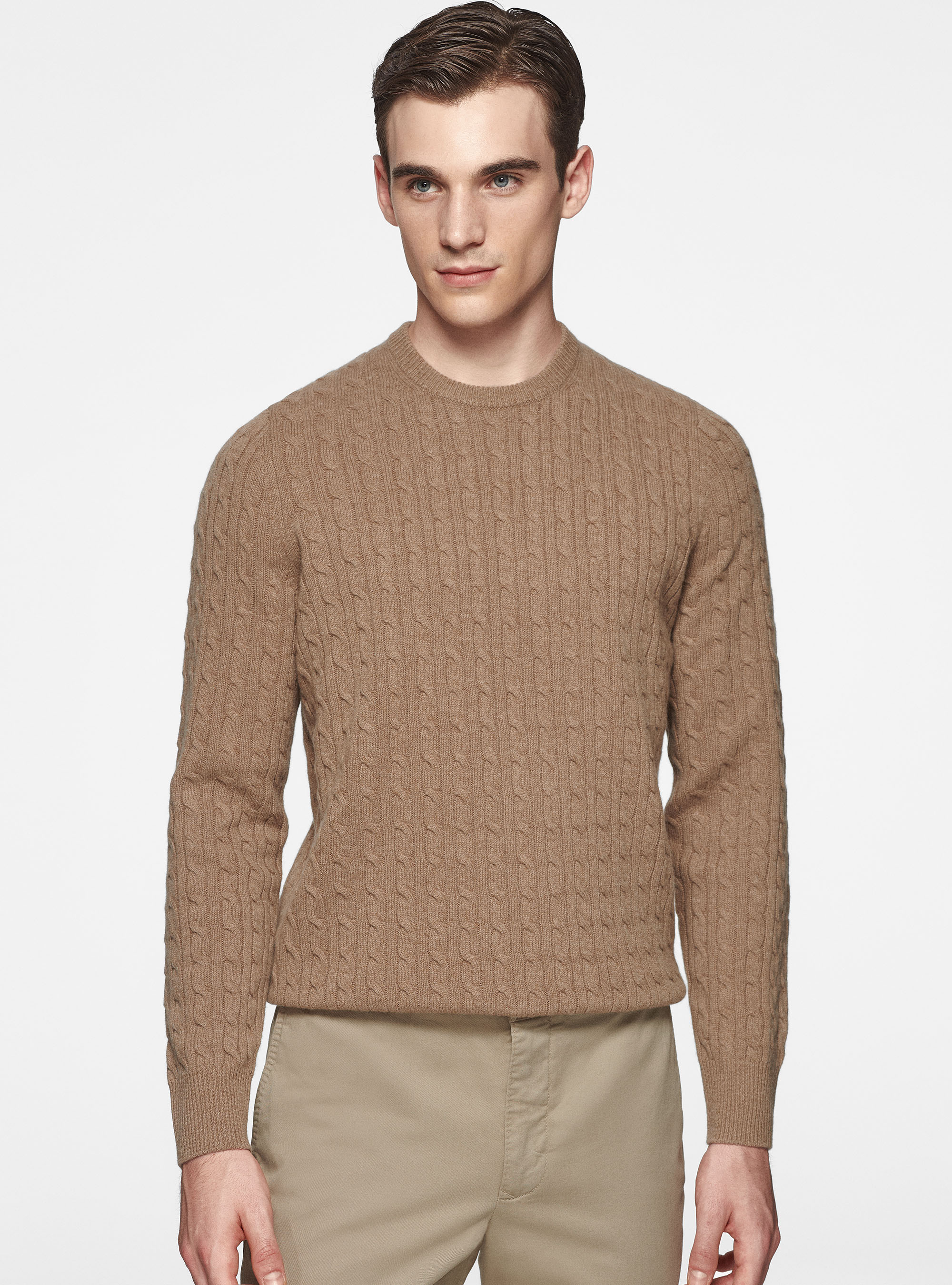 Tricot de laine et de cachemire à col ras du cou Woolmark, CAMMELLO 0570C