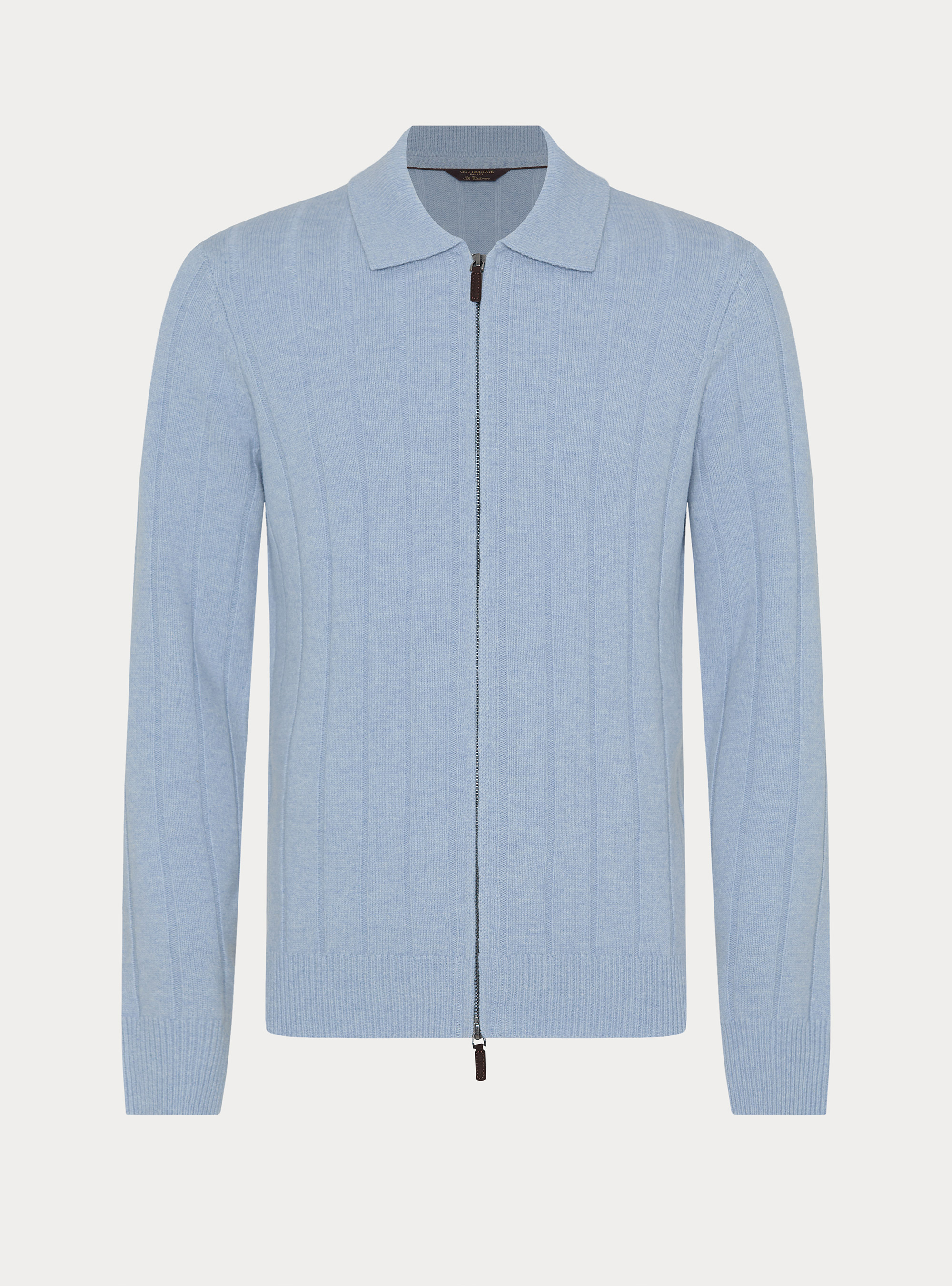 Full-zip wool-cashmere flat-ribbed sweater, AZZURRO POLVERE 0283C