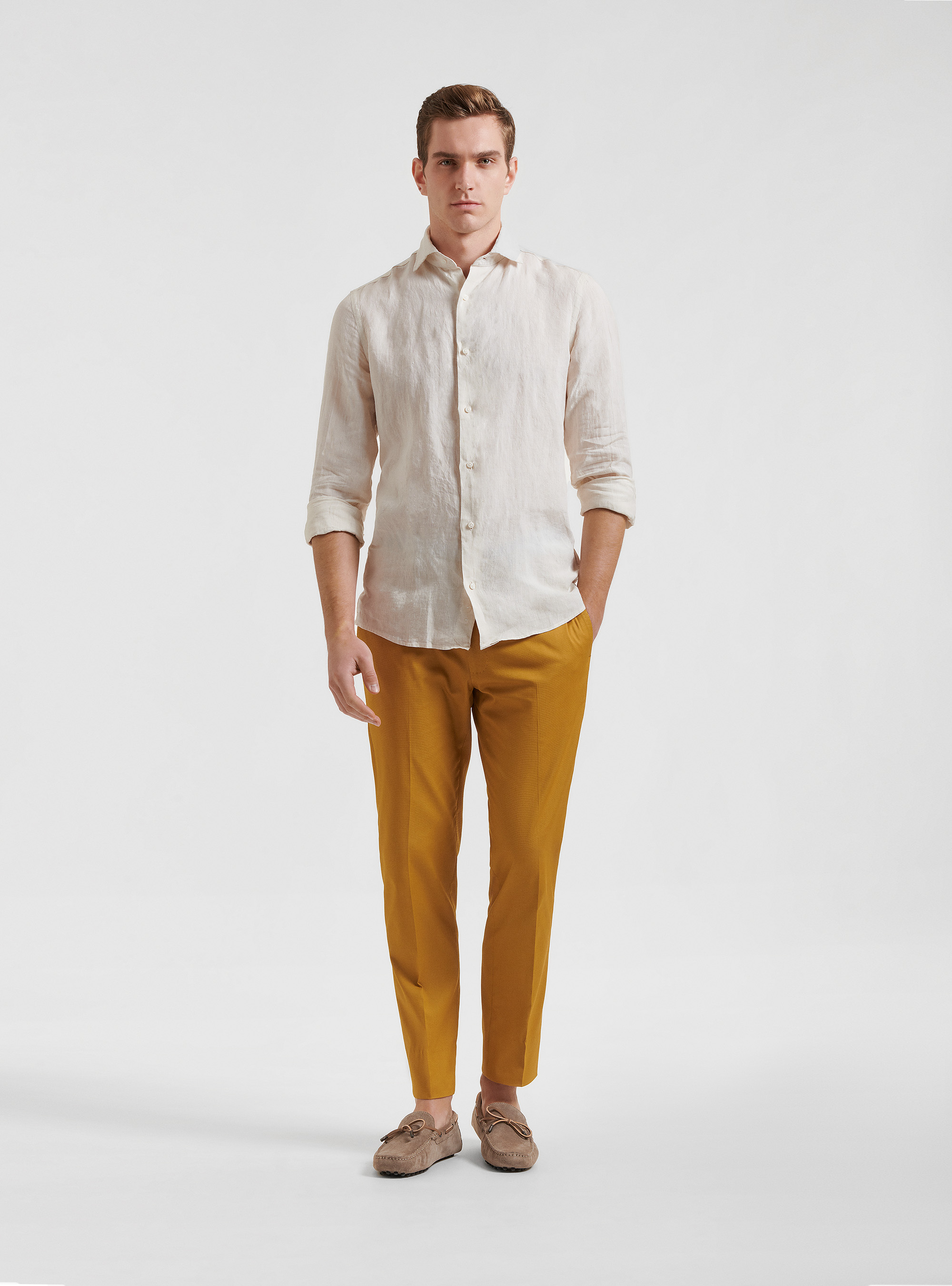 Semi-French collar shirt in pure linen, ECRU