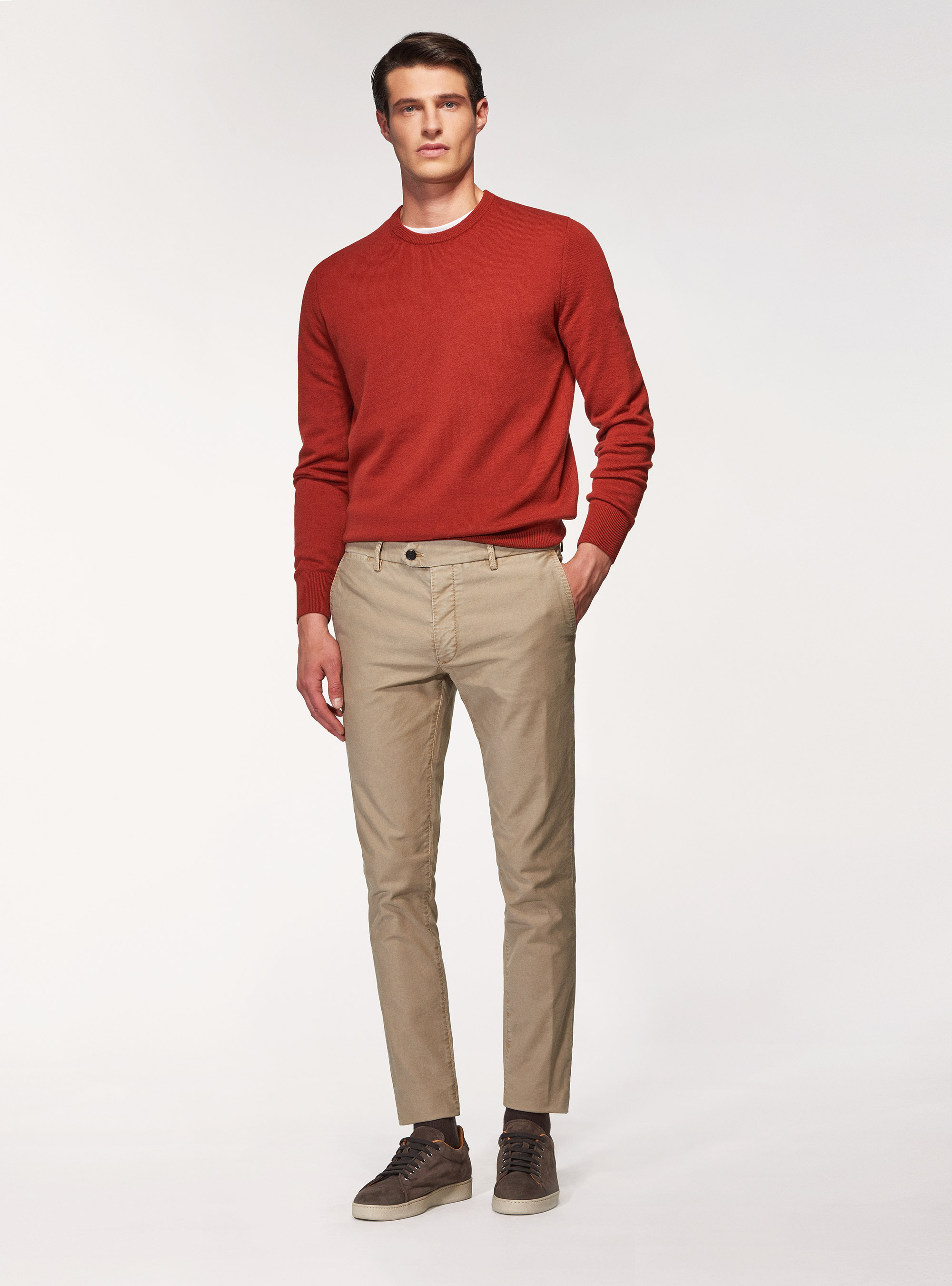 Maglia girocollo in lana lambswool e cashmere, MATTONE