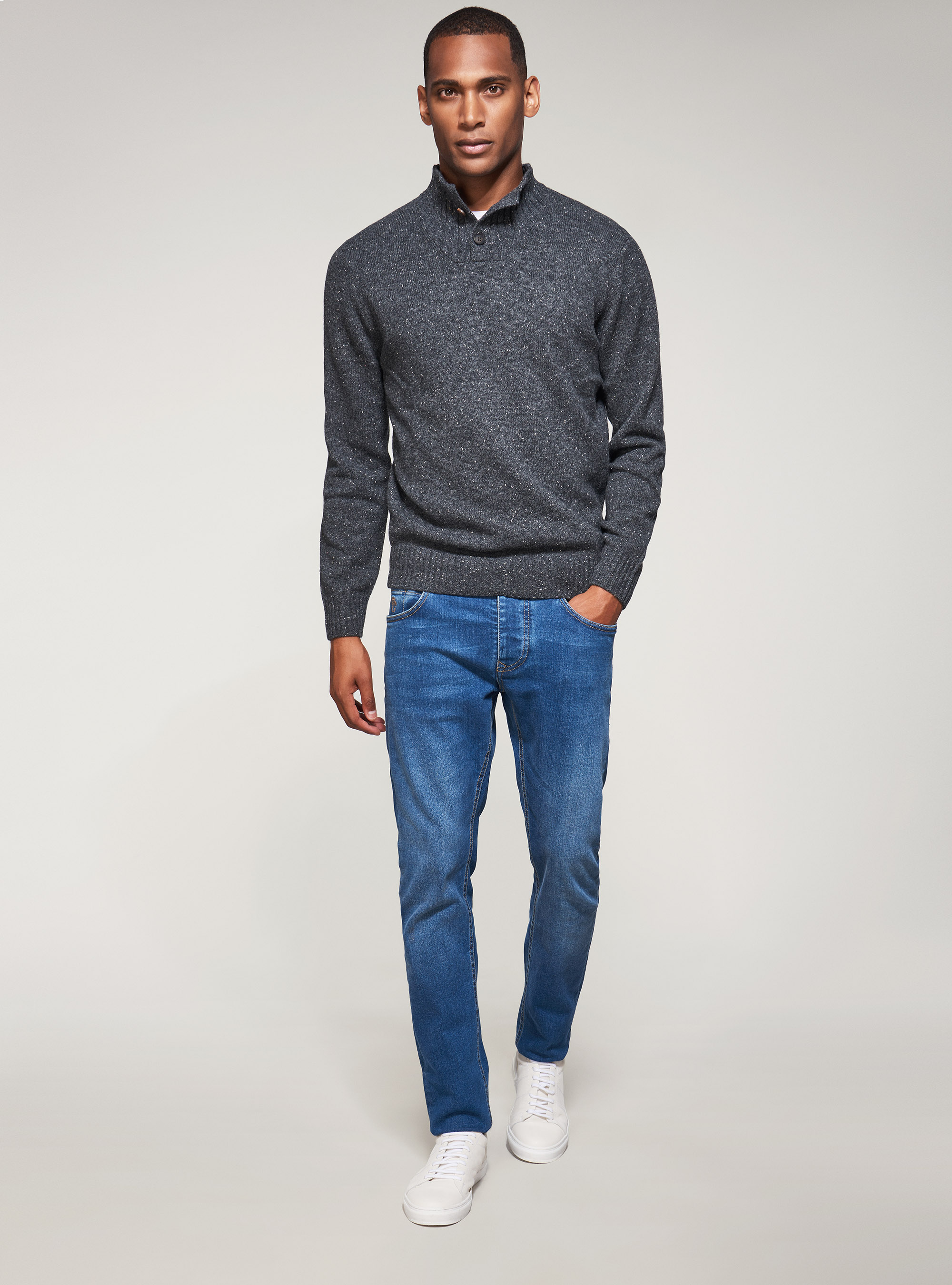 Pull boutonn&eacute; &agrave; demi-cou en laine, GRIS CLAIR M&Atilde; LANG&Atilde;