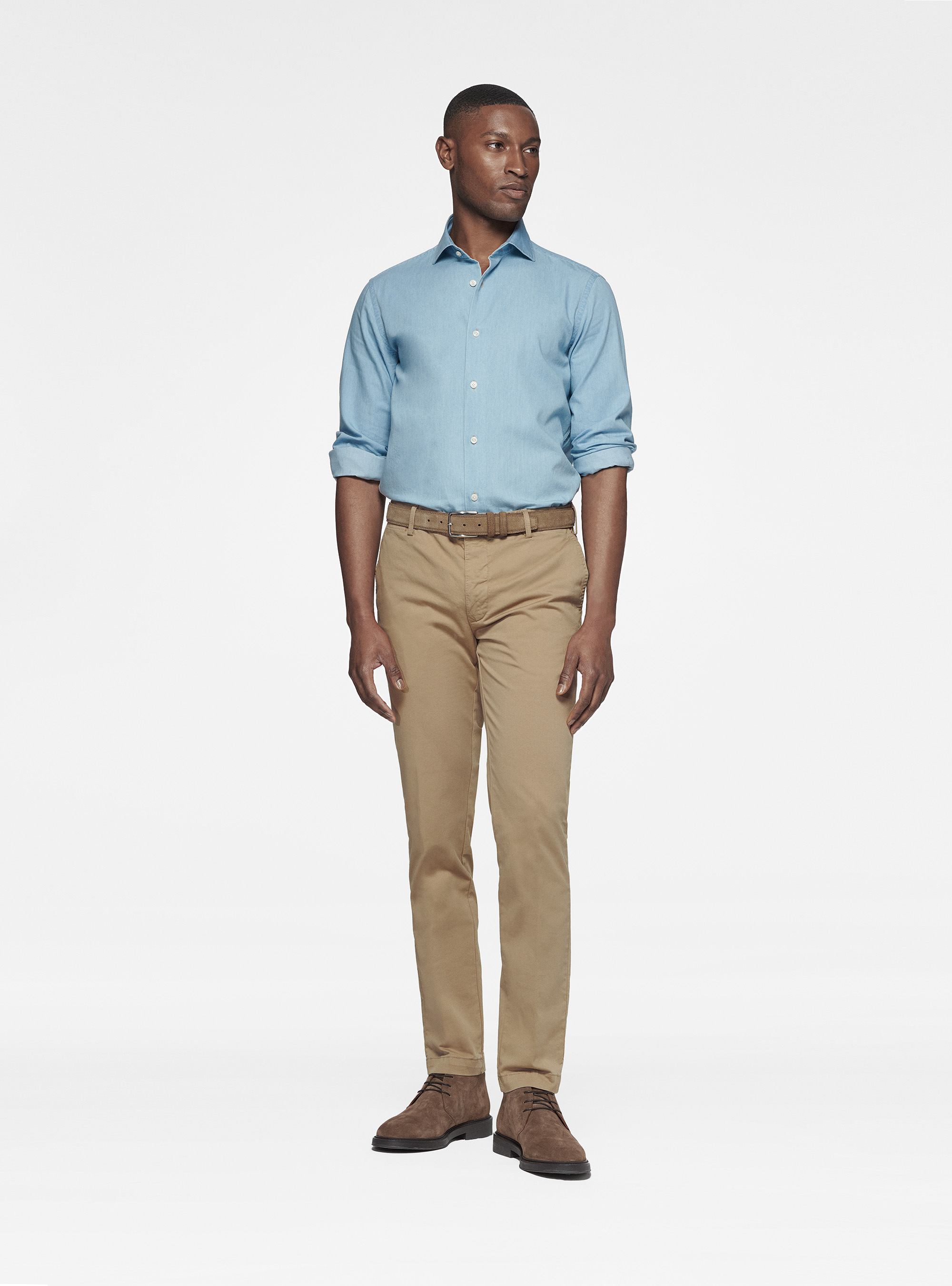 Camicia in cotone chambray, AZZURRO