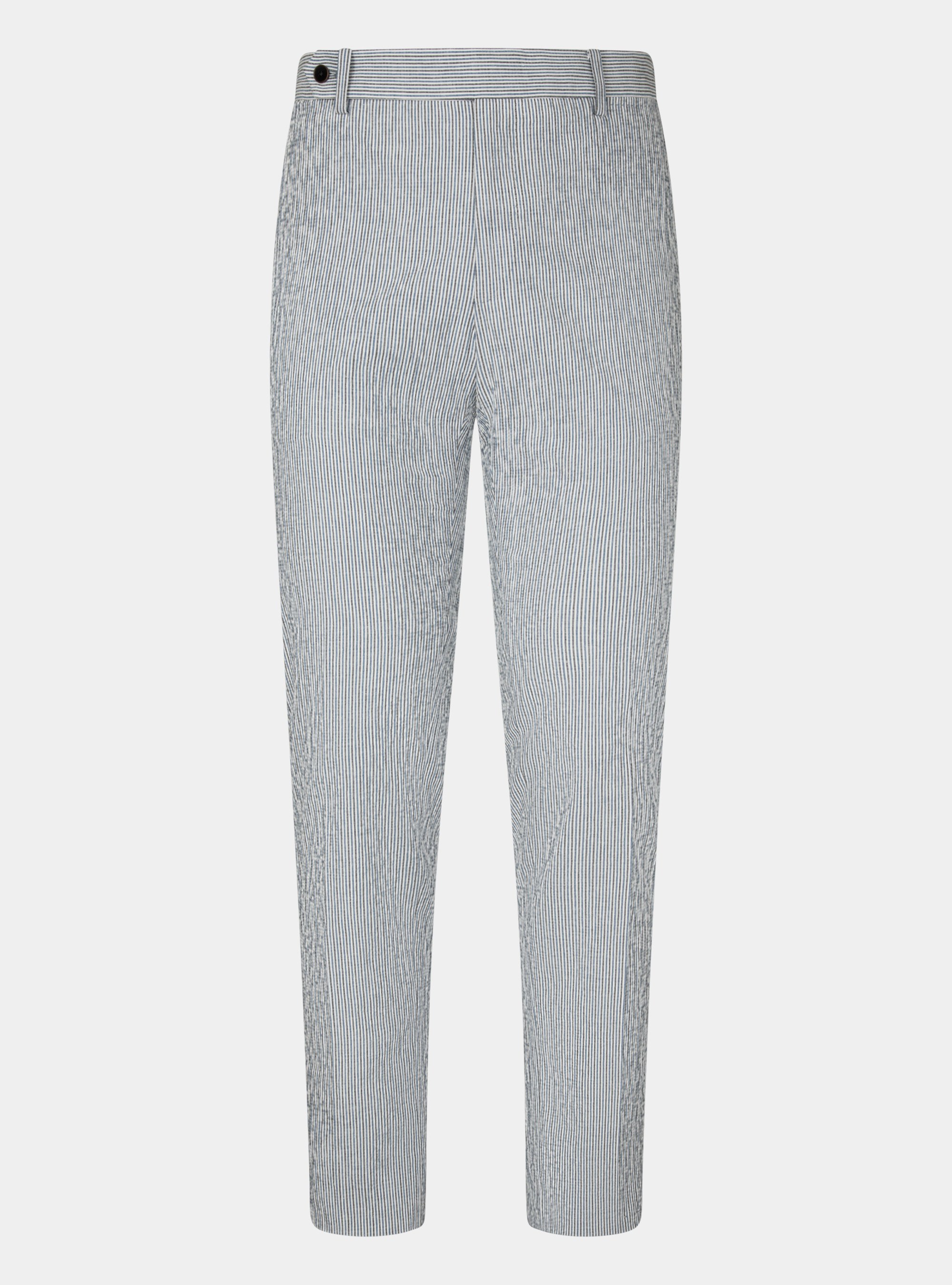 Pantaloni seersucker in cotone e lino rigato, AZZURRO