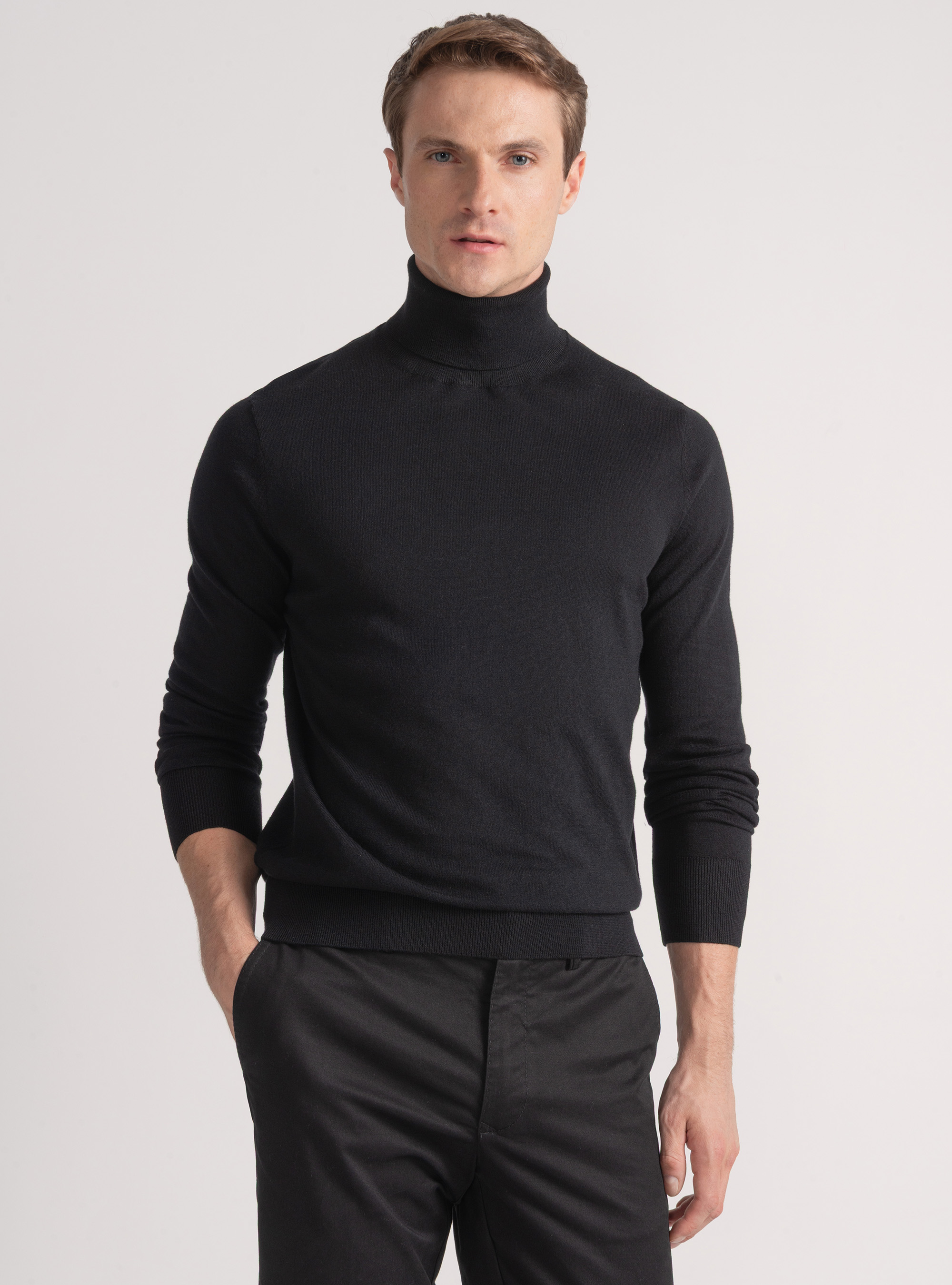 Silk and cashmere cotton turtleneck, BLACK
