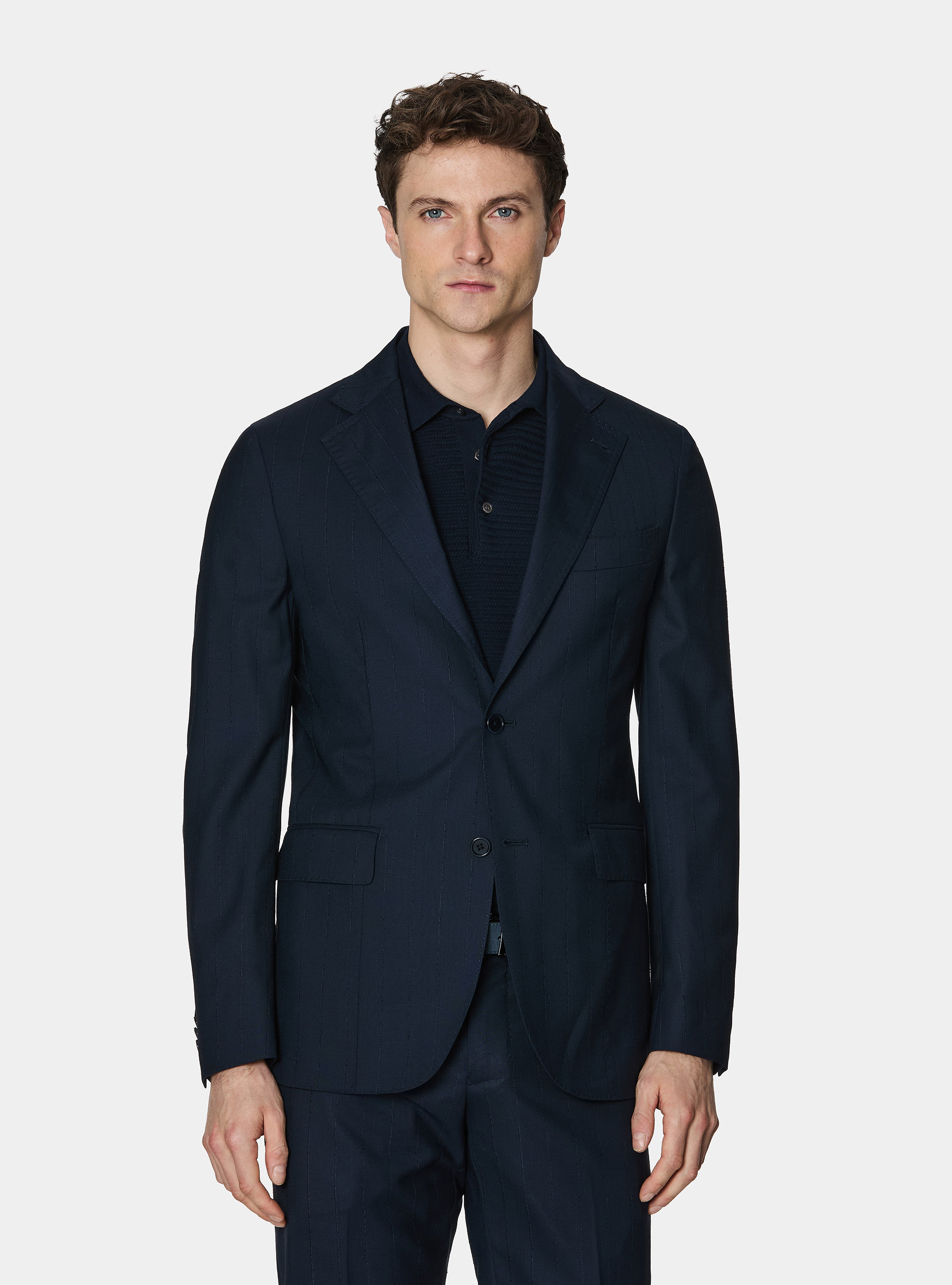 Pinstriped suit blazer in 100% wool, NAVY BLUE