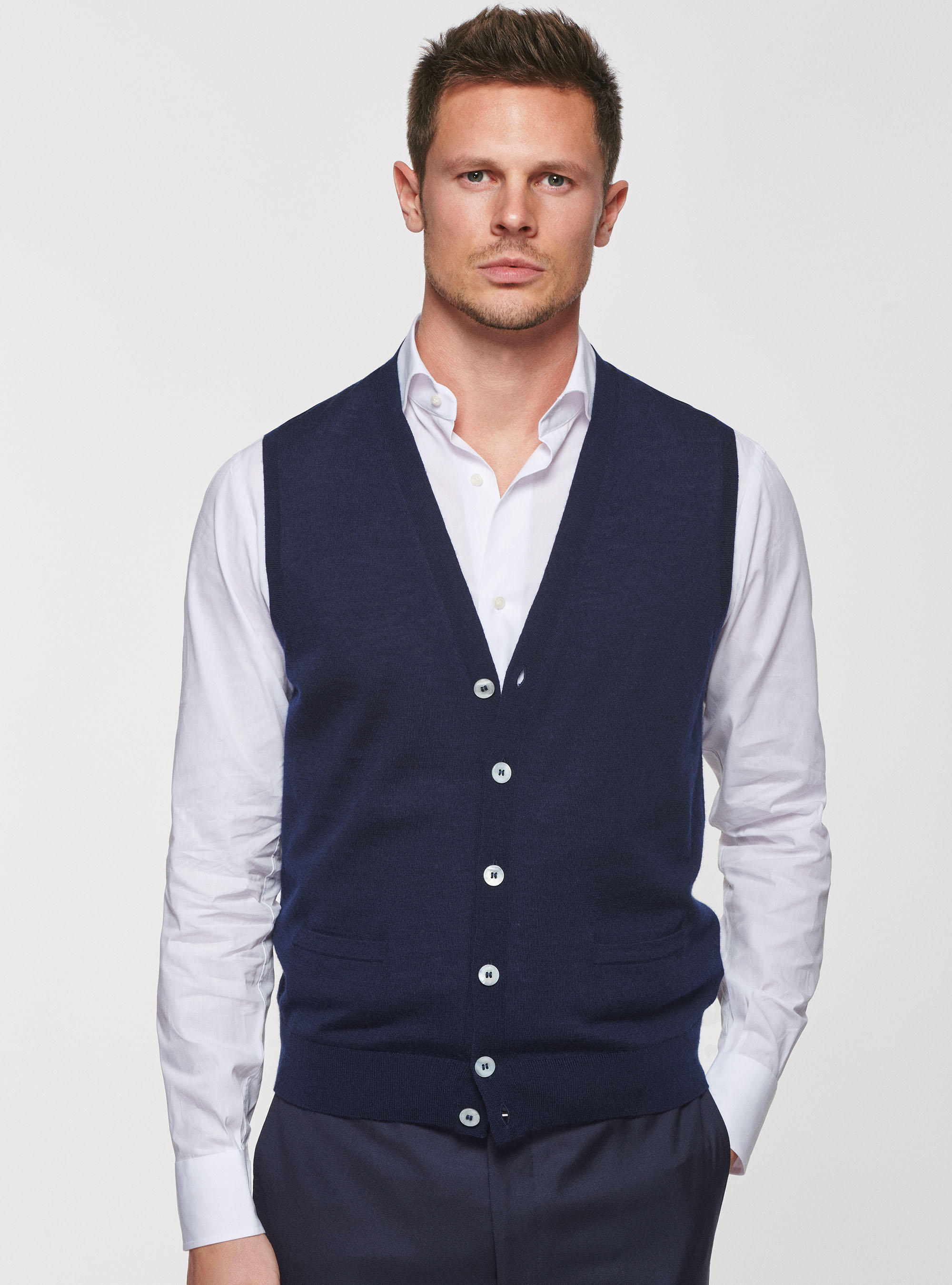 Gilet in maglia in pura lana merino, BLU NAVY