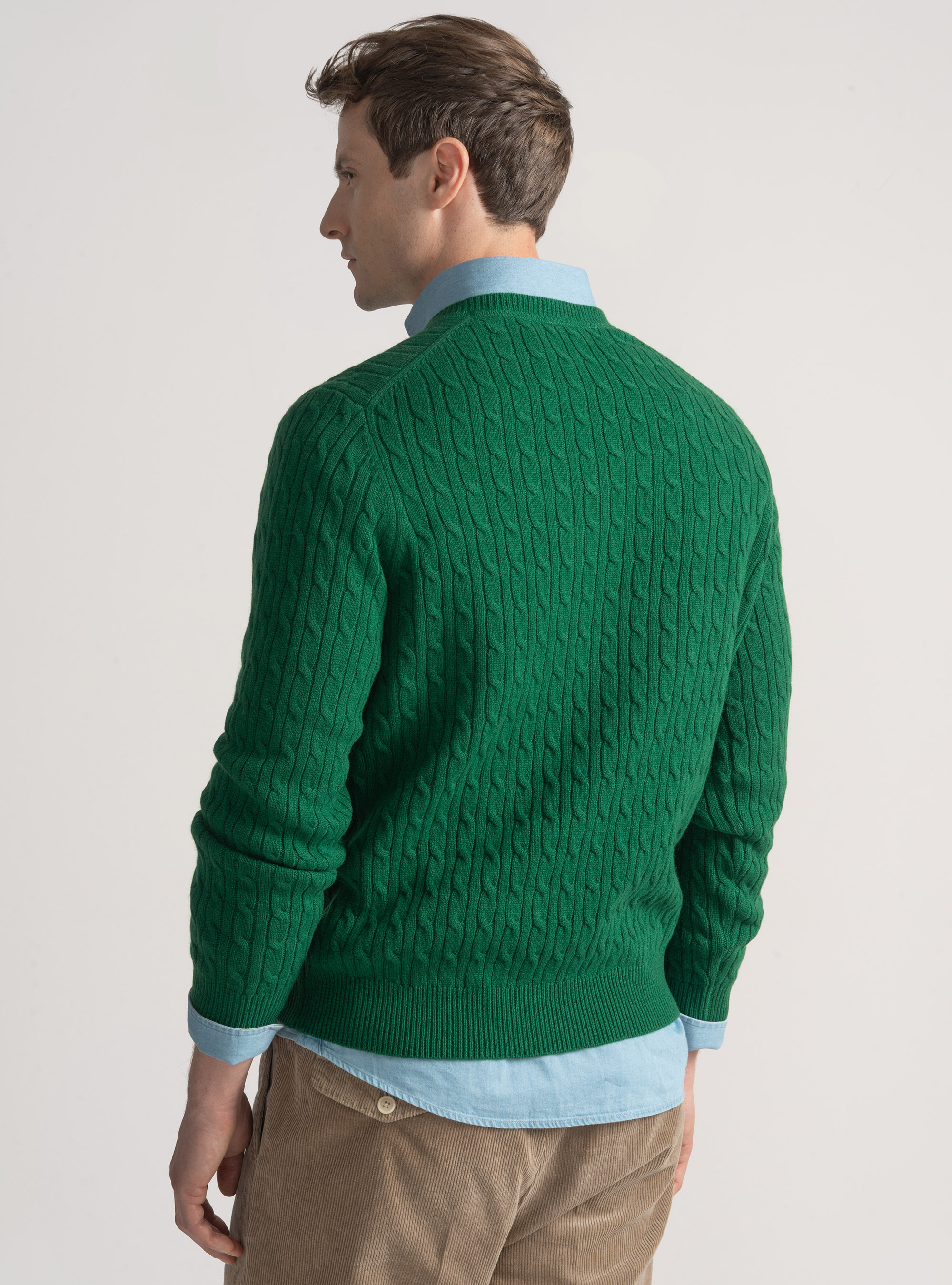 Merino wool V-neck sweater with braid, GREEN