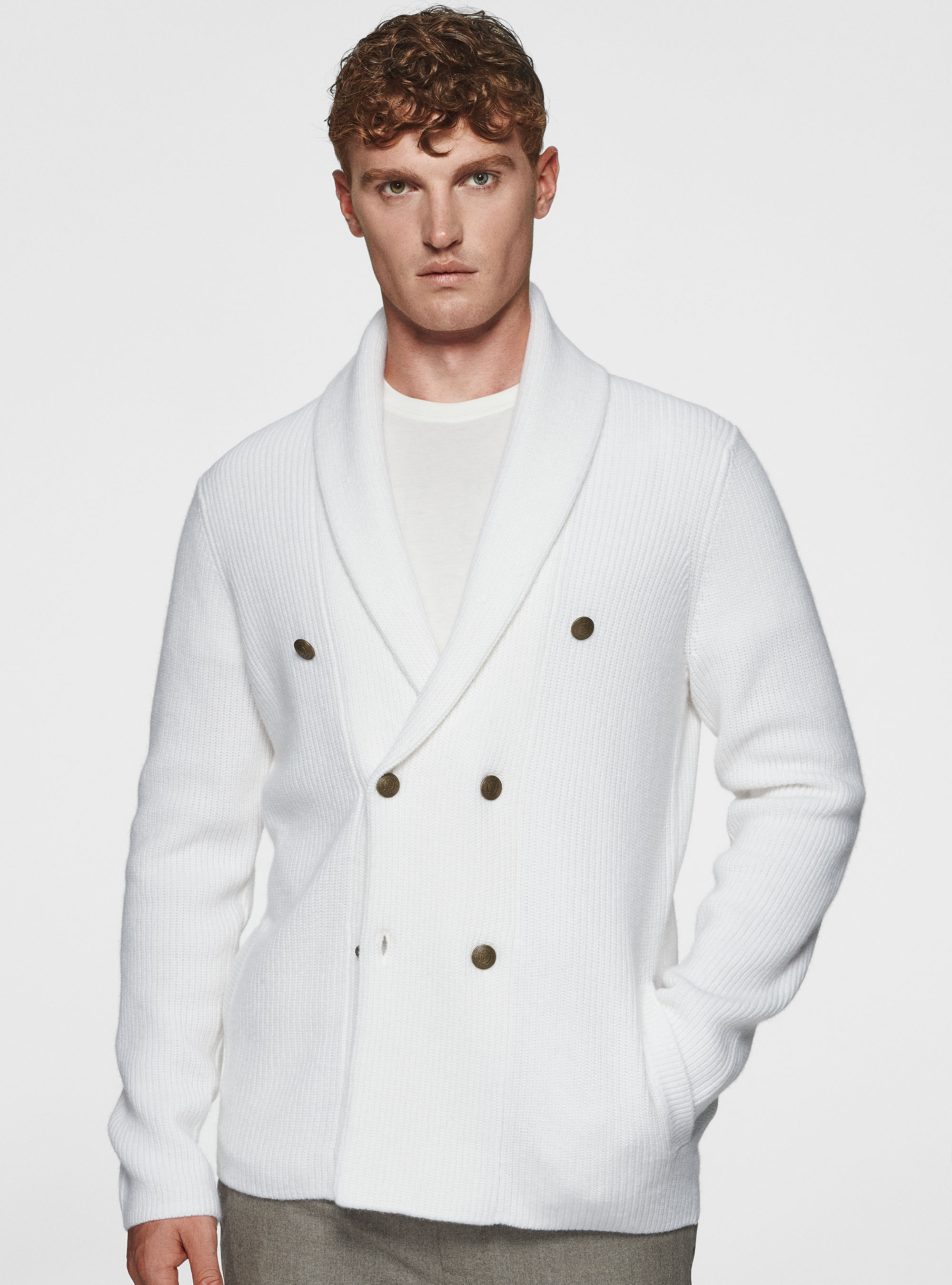 Veste en tricot côtelé de laine mérinos, BLANC